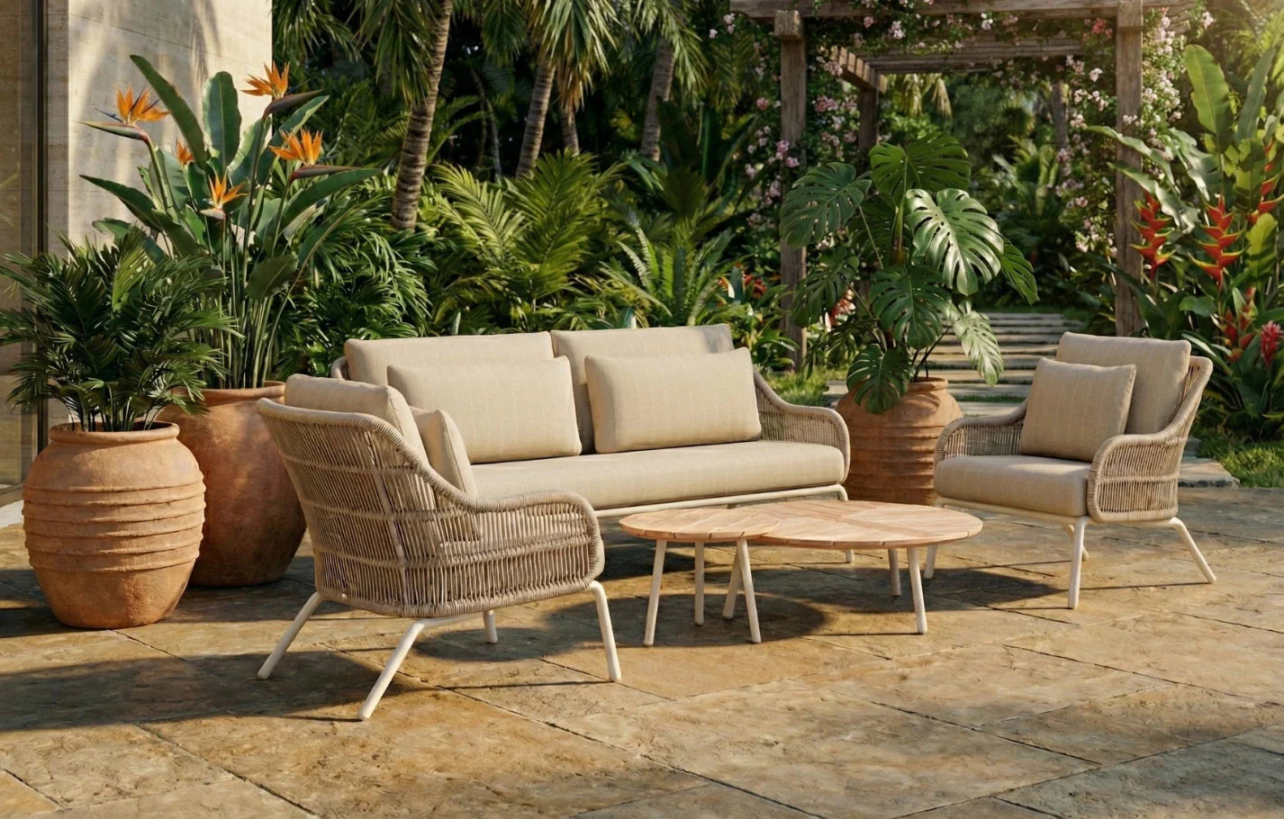 Cora 5-Seater Woven Rope & Aluminium Garden Sofa Set with Round Coffee Tables