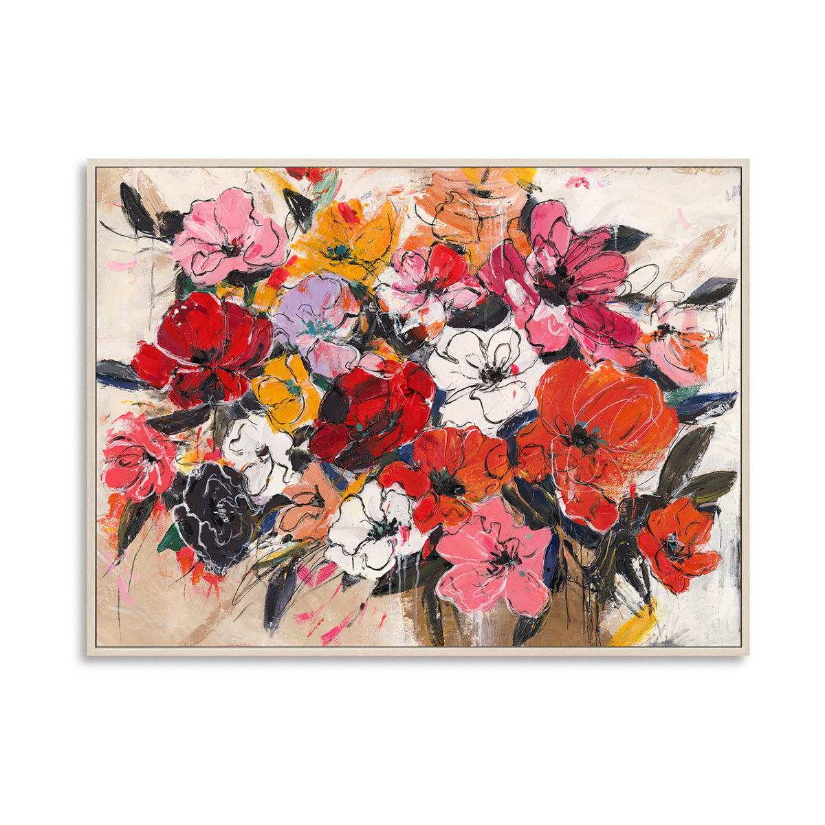 Handcrafted Painting Spring in Full Bloom Bold Floral Art - Black Frame / 24''x 24''/ 61x 61 CM