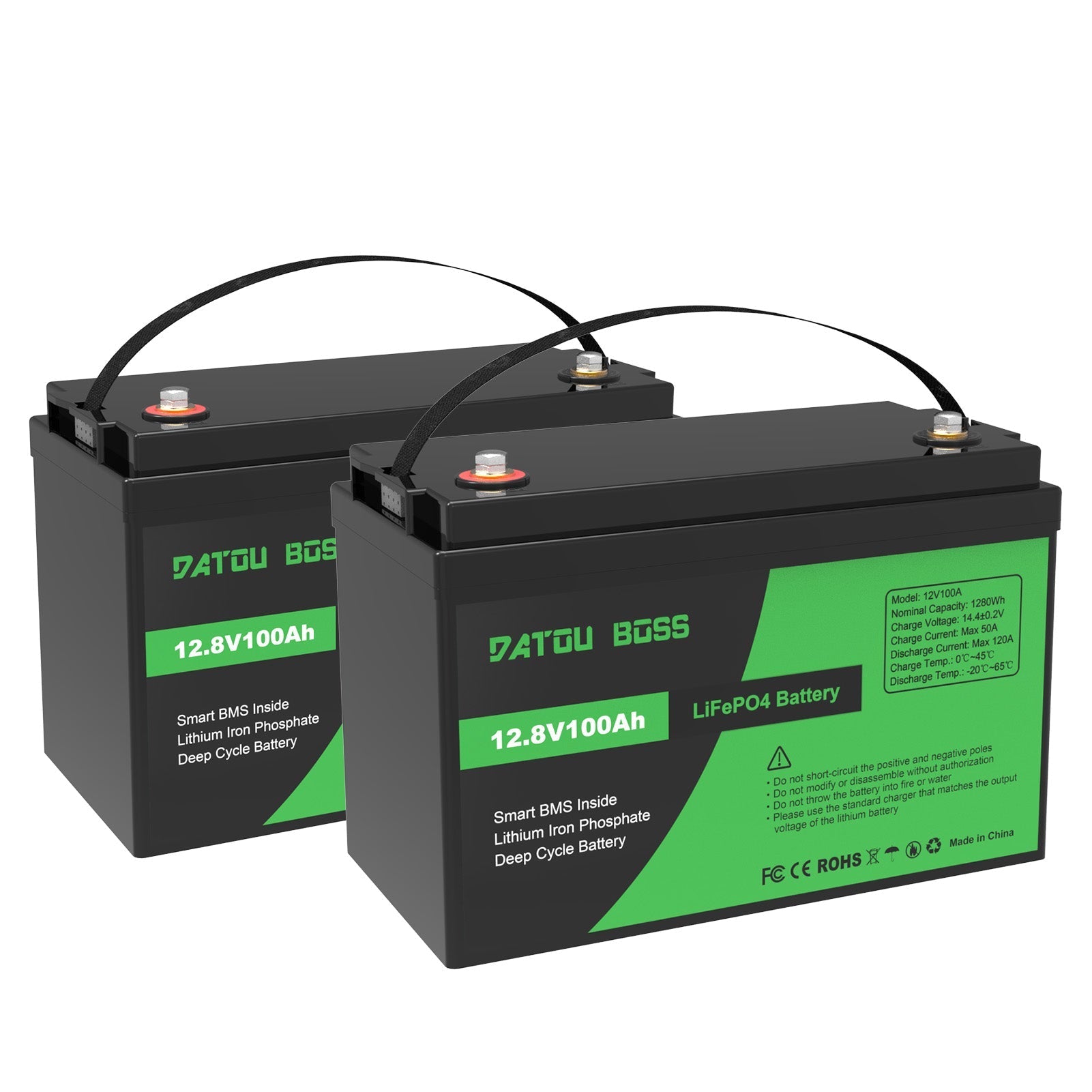 DATOUBOSS 12V 100Ah LiFePO4 Battery with 100A BMS Deep Cycle Battery for RV Solar Home System - 2 Packs (2.56 kWh)