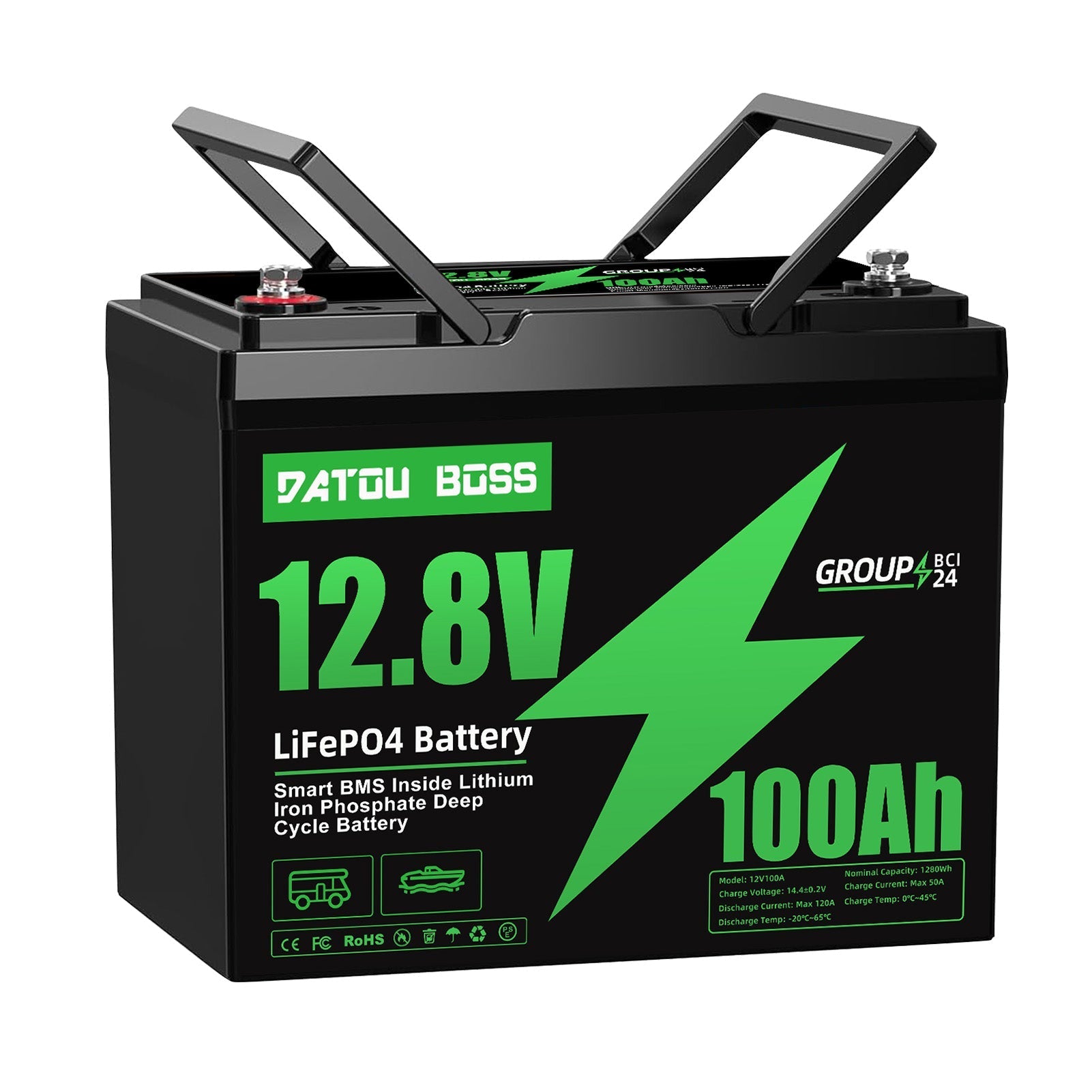 DATOUBOSS 12V 100Ah LiFePO4 Battery with 100A BMS  Deep Cycle Battery for Car Home Solar System - 2 Packs (2.56 kWh)