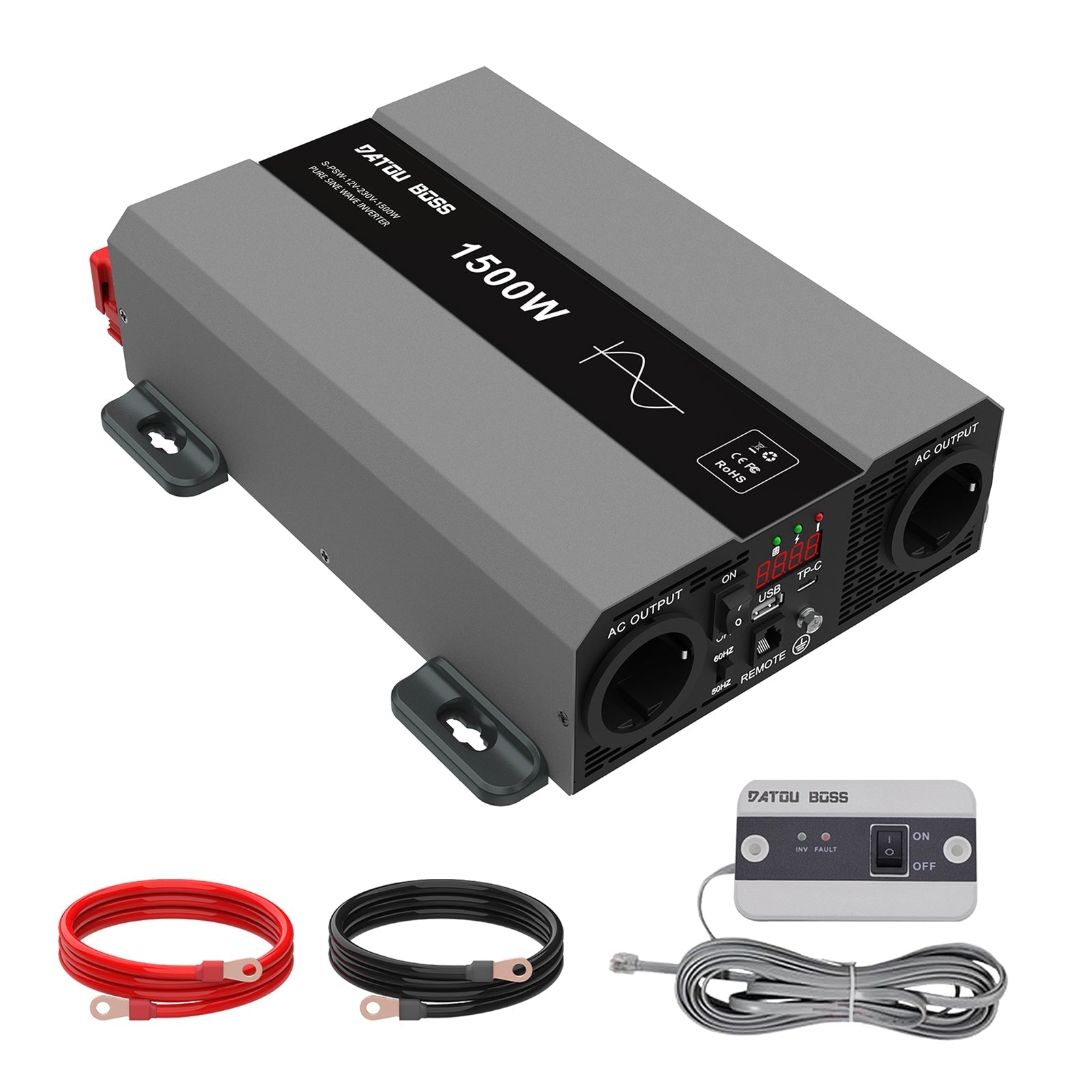 DATOUBOSS 1500W Pure Sine Wave Inverter 12V to 230V AC, 3000W Peak, USB-C Port, LED Display, EU Socket, Multi-Protection System for Off-Grid, Car &