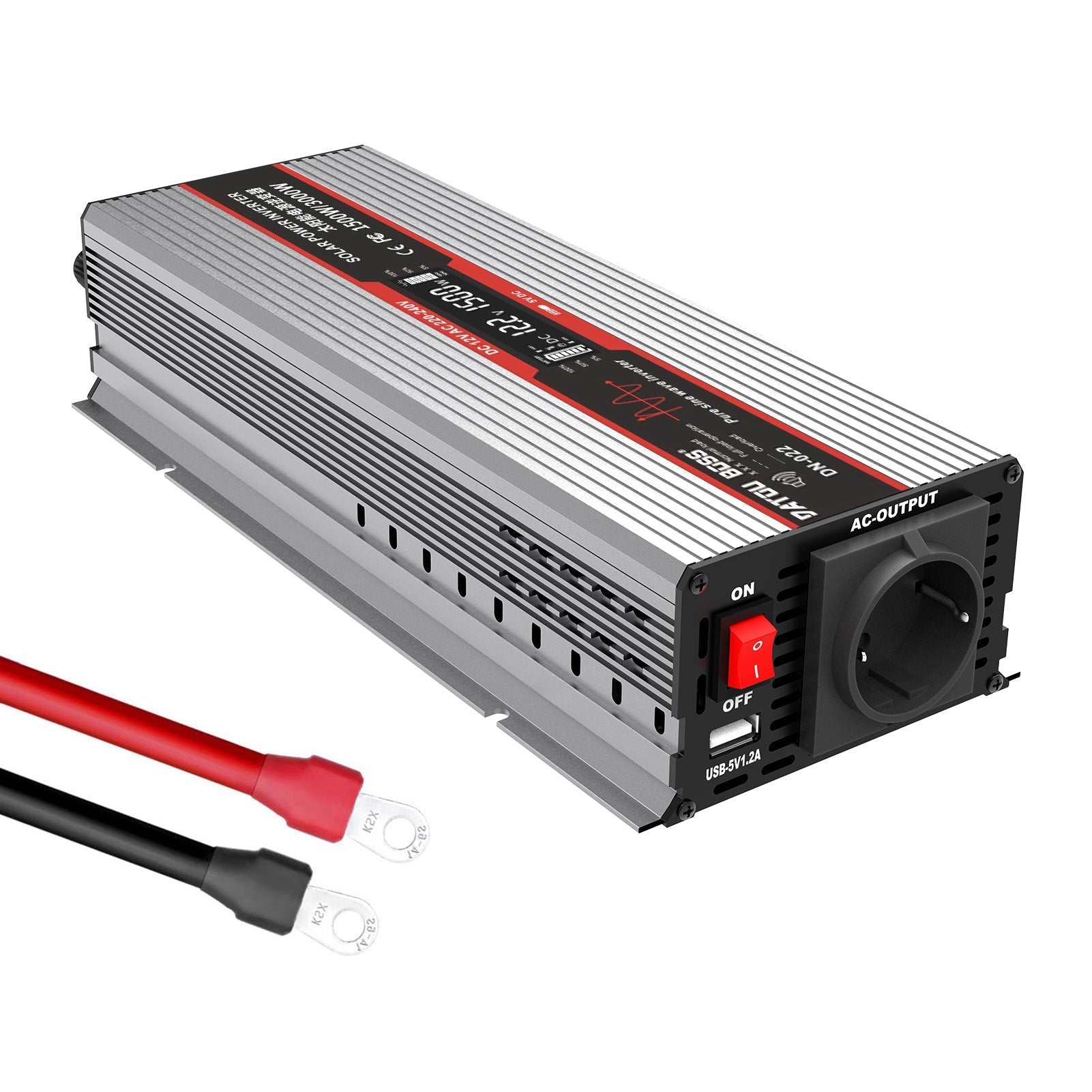 DATOUBOSS 1500W Pure Sine Wave Inverter 24V to 230V AC, 3000W Peak, USB Port, LED Display, EU Socket, Multi-Protection System for Off-Grid Living,