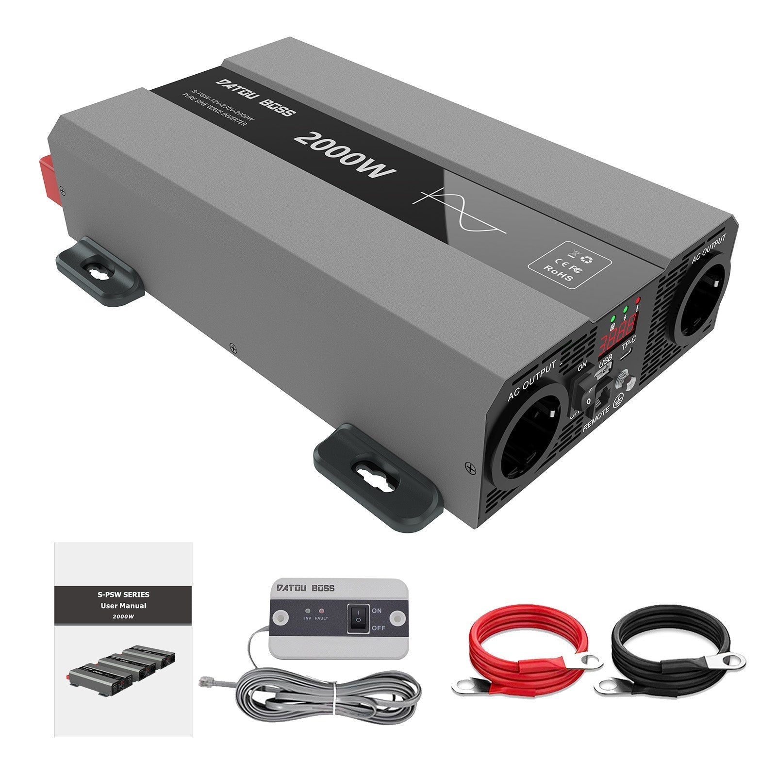 DATOUBOSS 2000W Pure Sine Wave Inverter, 12V to 230V AC Power Converter, Peak Power 4000W with EU Sockets, USB Ports and USB-C Output for Household