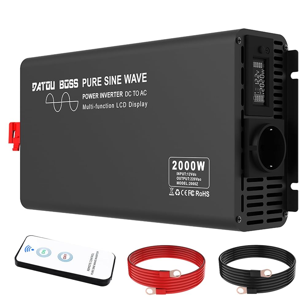 DATOUBOSS 2000W Pure Sine Wave Inverter 12V to 230V AC, 4000W Peak, LCD Display, Radio Remote Control, 1 EU Socket for Emergency Backup, Outdoor Work