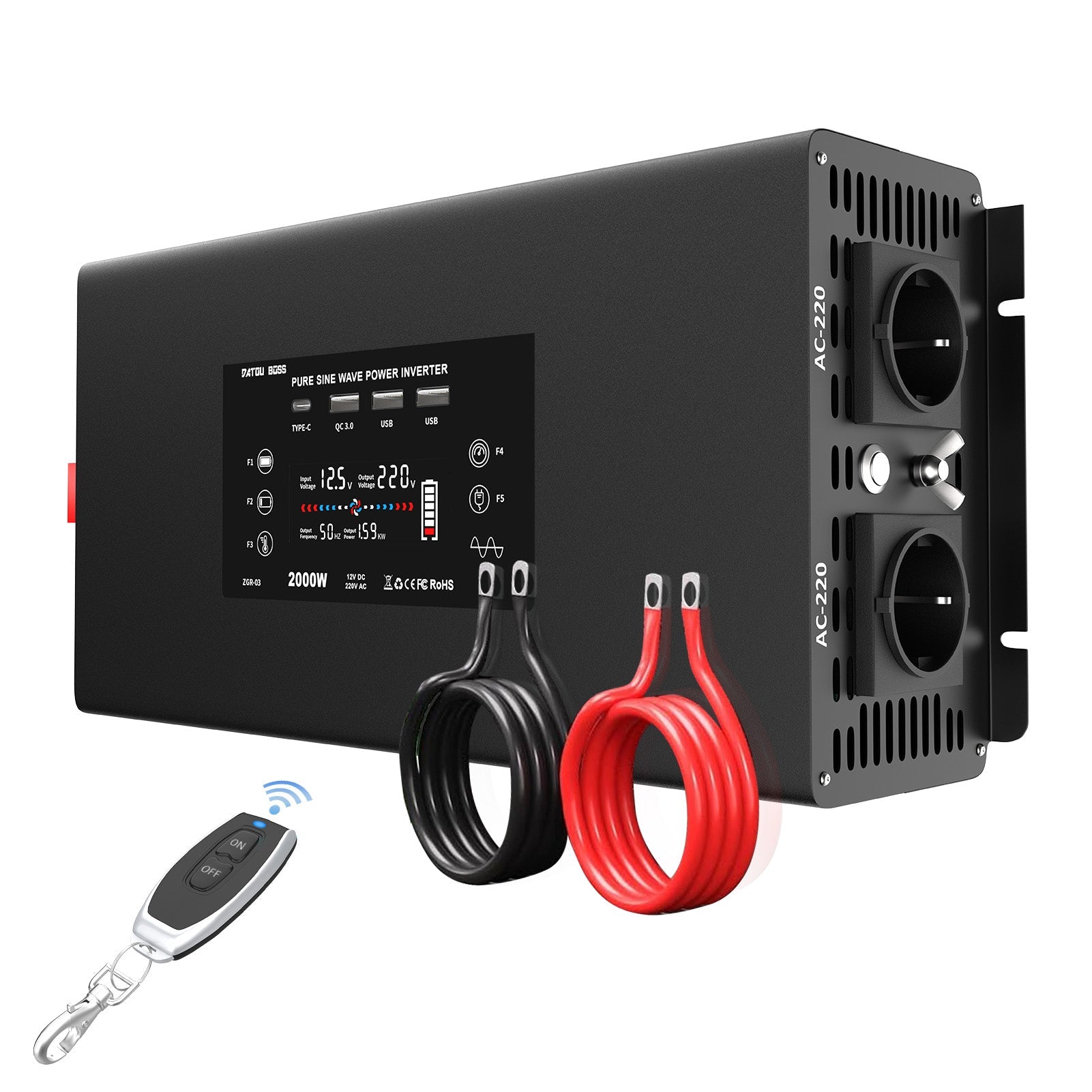 DATOUBOSS 2000W Pure Sine Wave Inverter 12V to 230V AC, 4000W Peak, Remote Control, Intelligent Protection System, LCD Display, 2 EU Sockets, 3 USB,