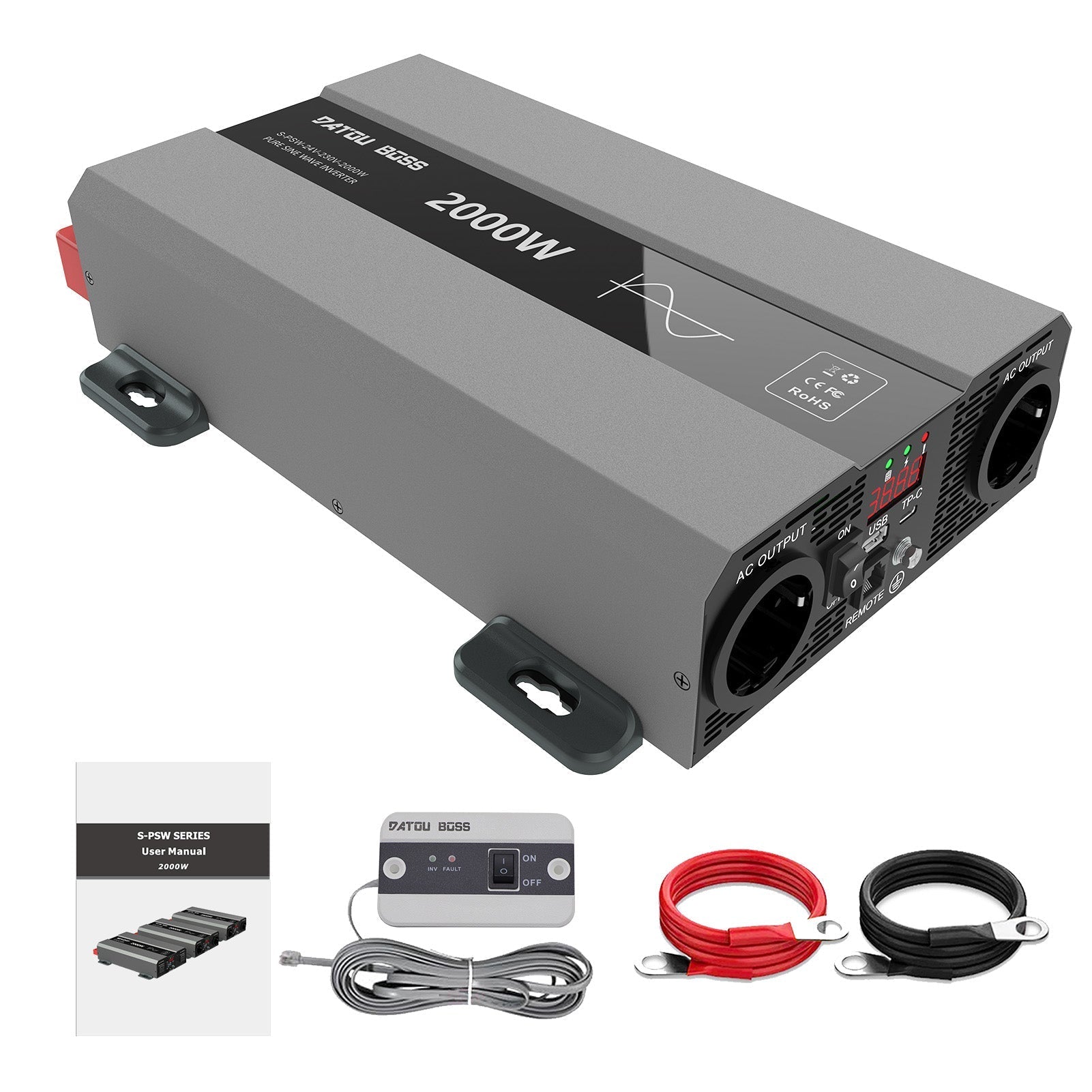 DATOUBOSS 2000W Pure Sine Wave Inverter, 24V to 230V AC Power Converter, Peak Power 4000W with EU Sockets, USB Ports and USB-C Output for Household
