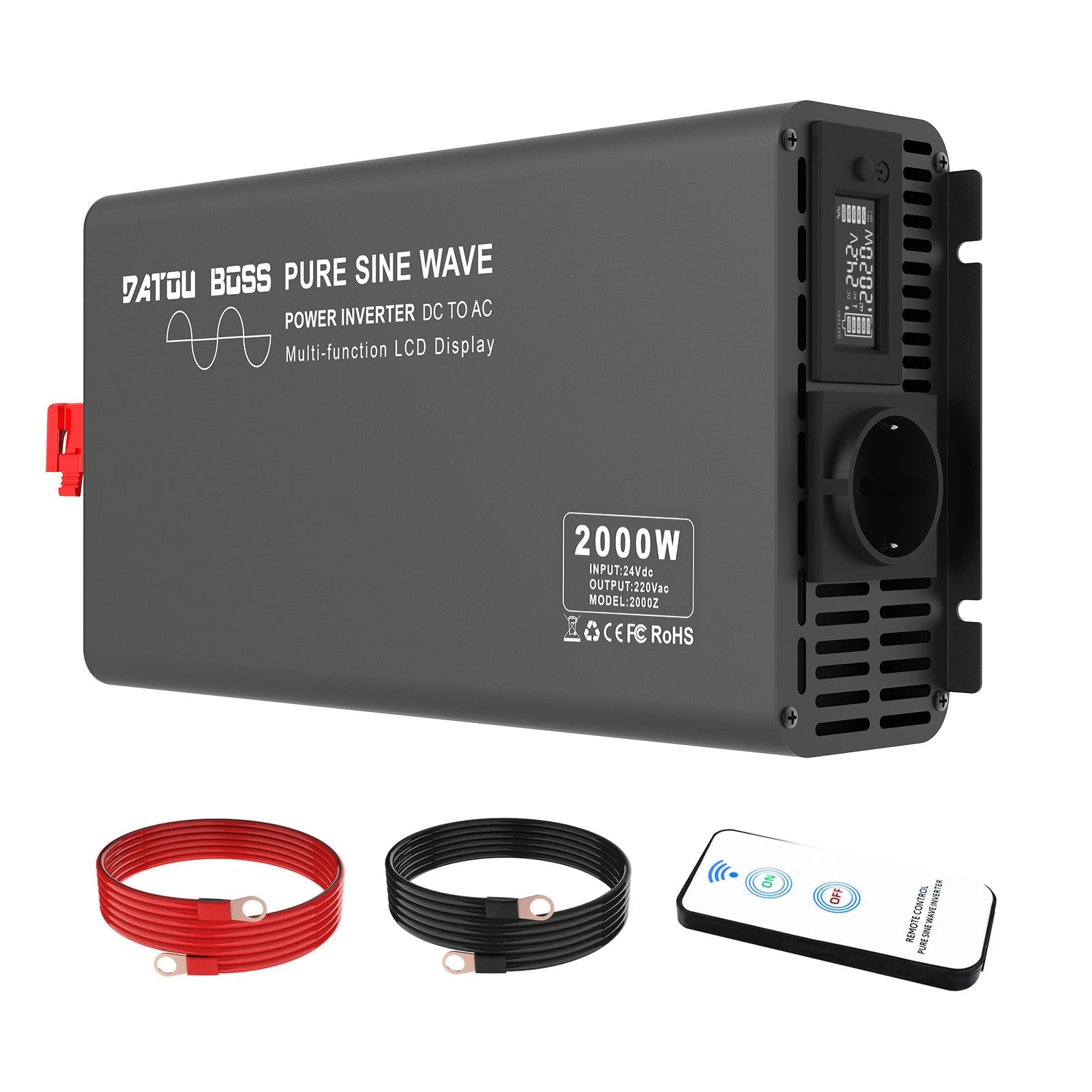 DATOUBOSS 2000W Pure Sine Wave Inverter 24V to 230V AC, 4000W Peak, LCD Display, Radio Remote Control, 1 EU Socket for Trucks, Motorhomes, Home &