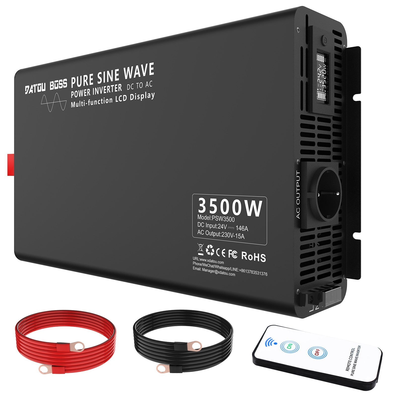 DATOUBOSS 3500W Pure Sine Wave Inverter 24V to 230V AC, 7000W Peak, LCD Display, Wireless Remote Control, 1 EU Socket for Trucks, Motorhomes, Camping