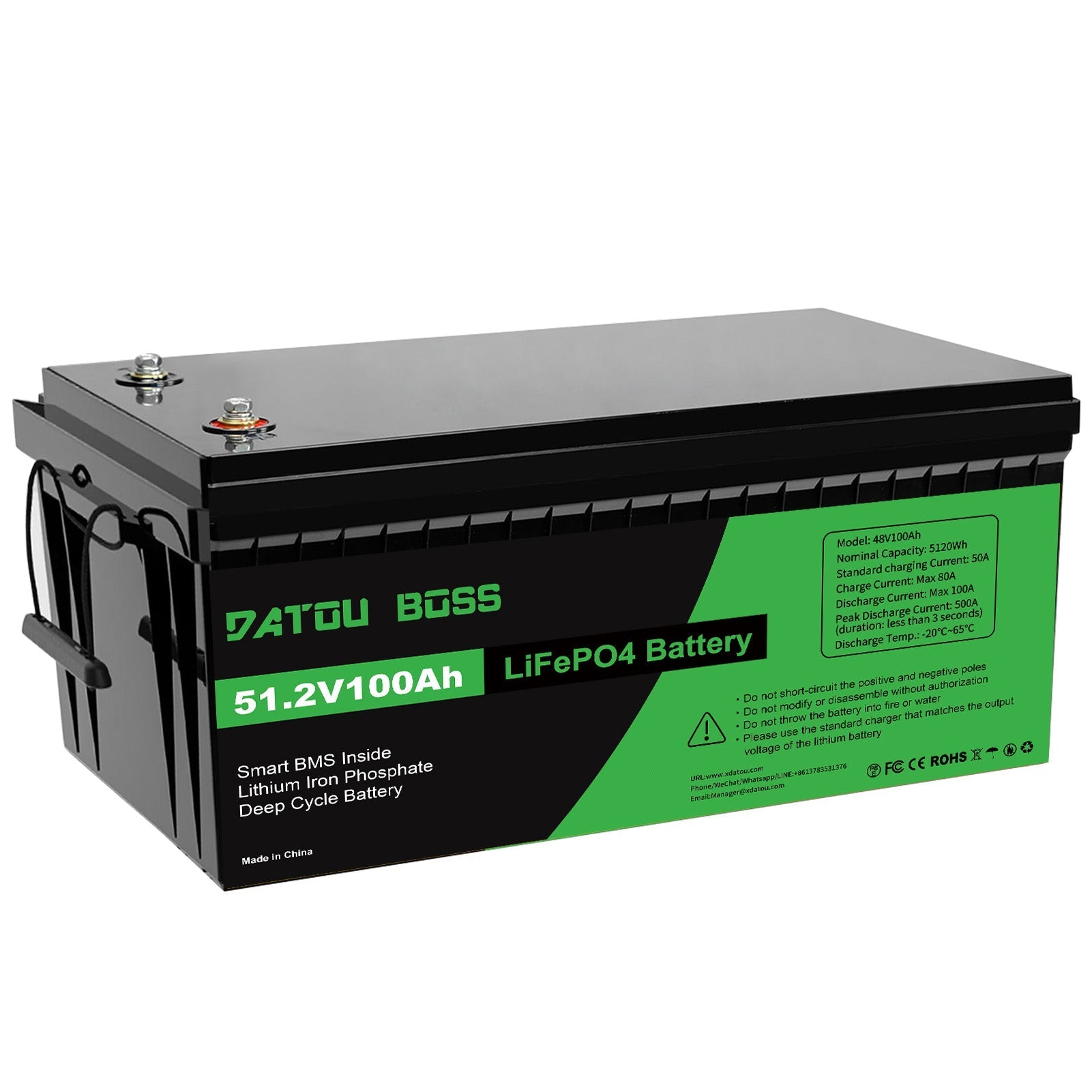 DATOUBOSS 51.2V 100Ah LiFePO4 Deep Cycle Battery, 200A BMS for RV Car Solar Home System DIY