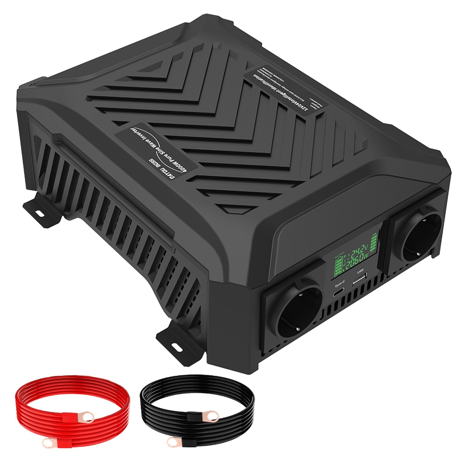 DATOUBOSS Universal Dual Voltage Pure Sine Wave Inverter 1200W/2000W 12V/24V to 230V AC, 2400W/4000W Peak, Intelligent Detection System, LCD Display,