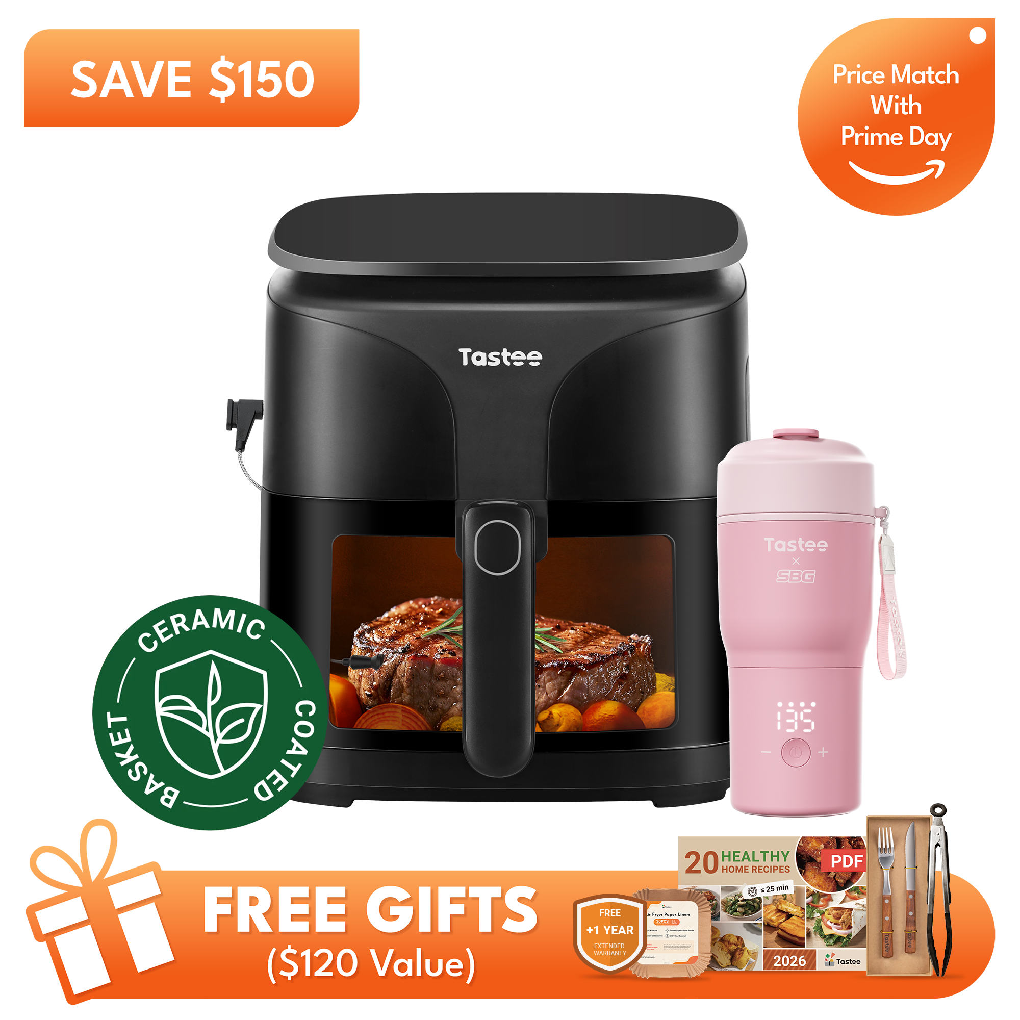 Tastee Sensor Magic Smart Air Fryer (Ceramic Coated) + Travel Coffee Mug (SBG Edition) - Pink