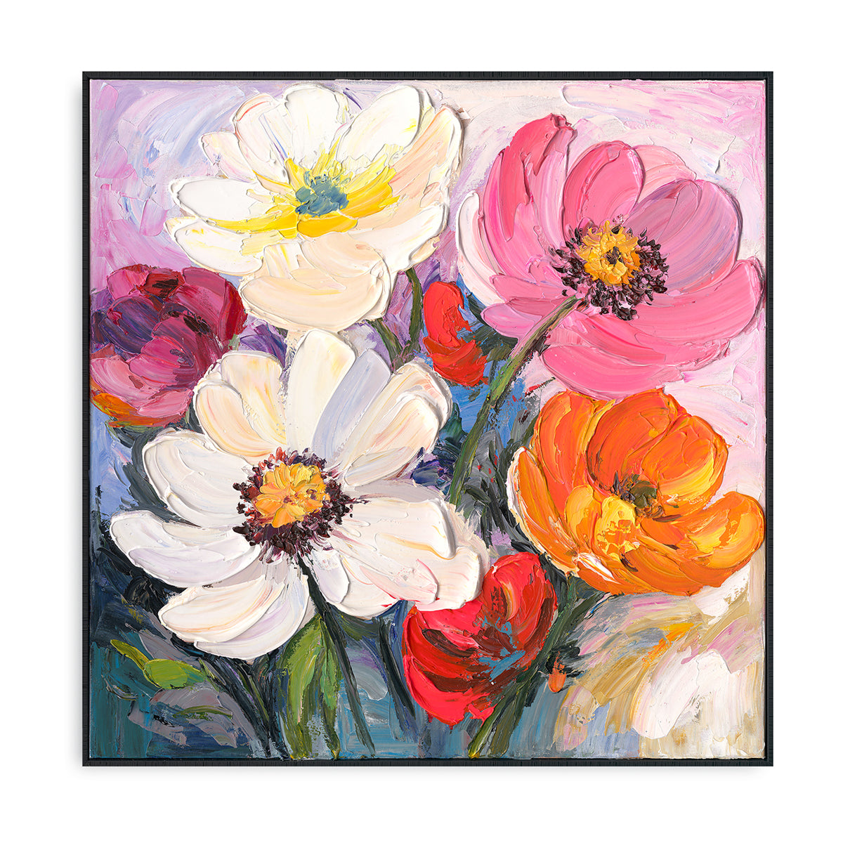Vibrant Bloom Hand-Painted Floral Masterpiece in Bold Oil Colors - Wood Frame / 48''x 48''/ 122 x 122 CM