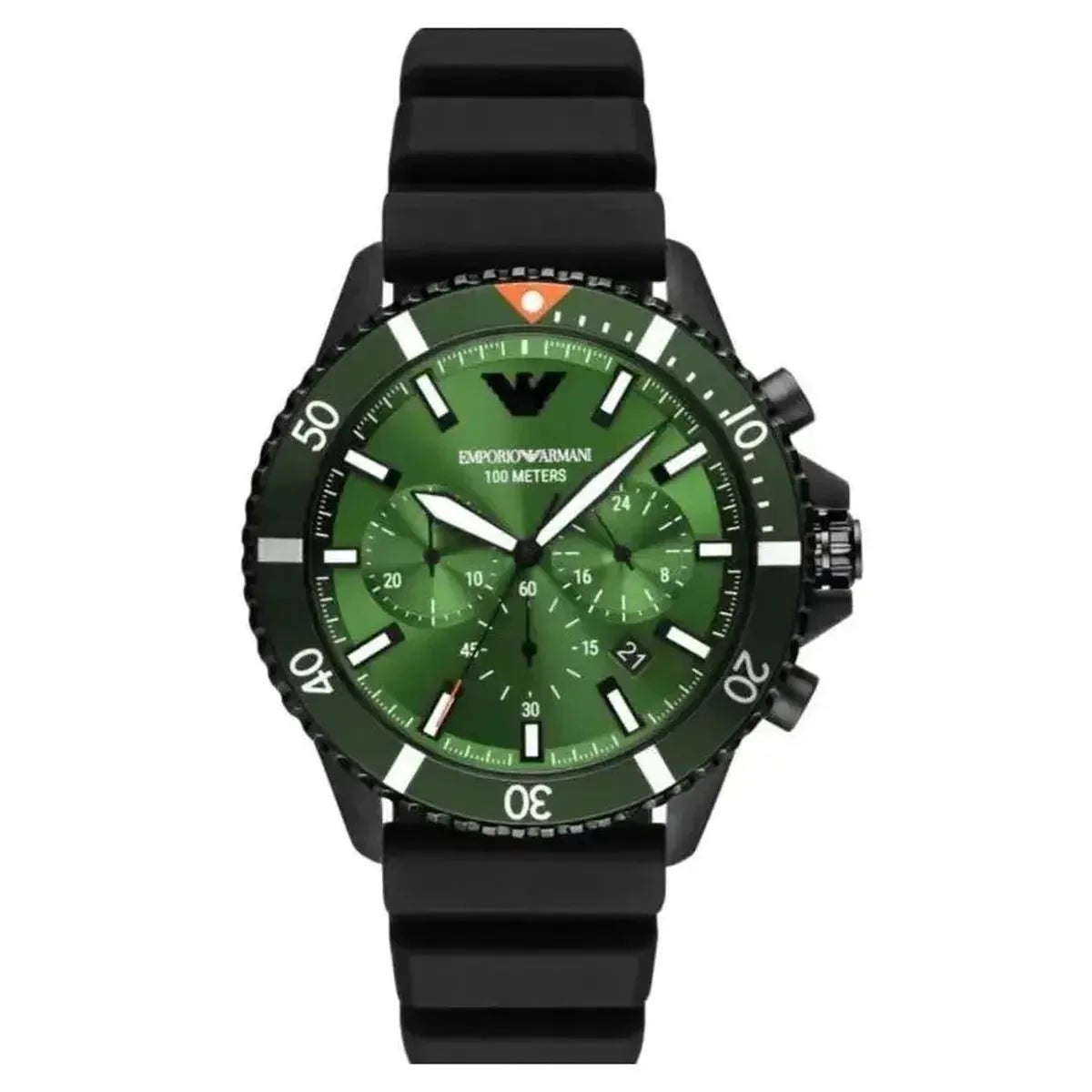 Emporio Armani AR11463 Men's Diver Chronograph Watch – 43mm Green Dial Black Silicone Strap
