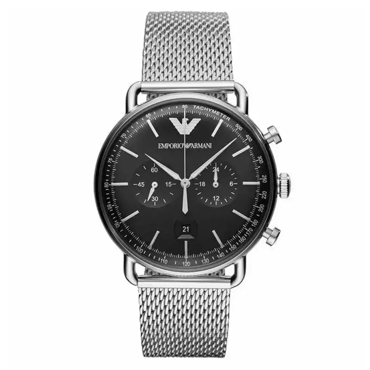 Emporio Armani Aviator AR11104 Men's Chronograph Watch – 43mm Black Dial Silver Mesh Bracelet