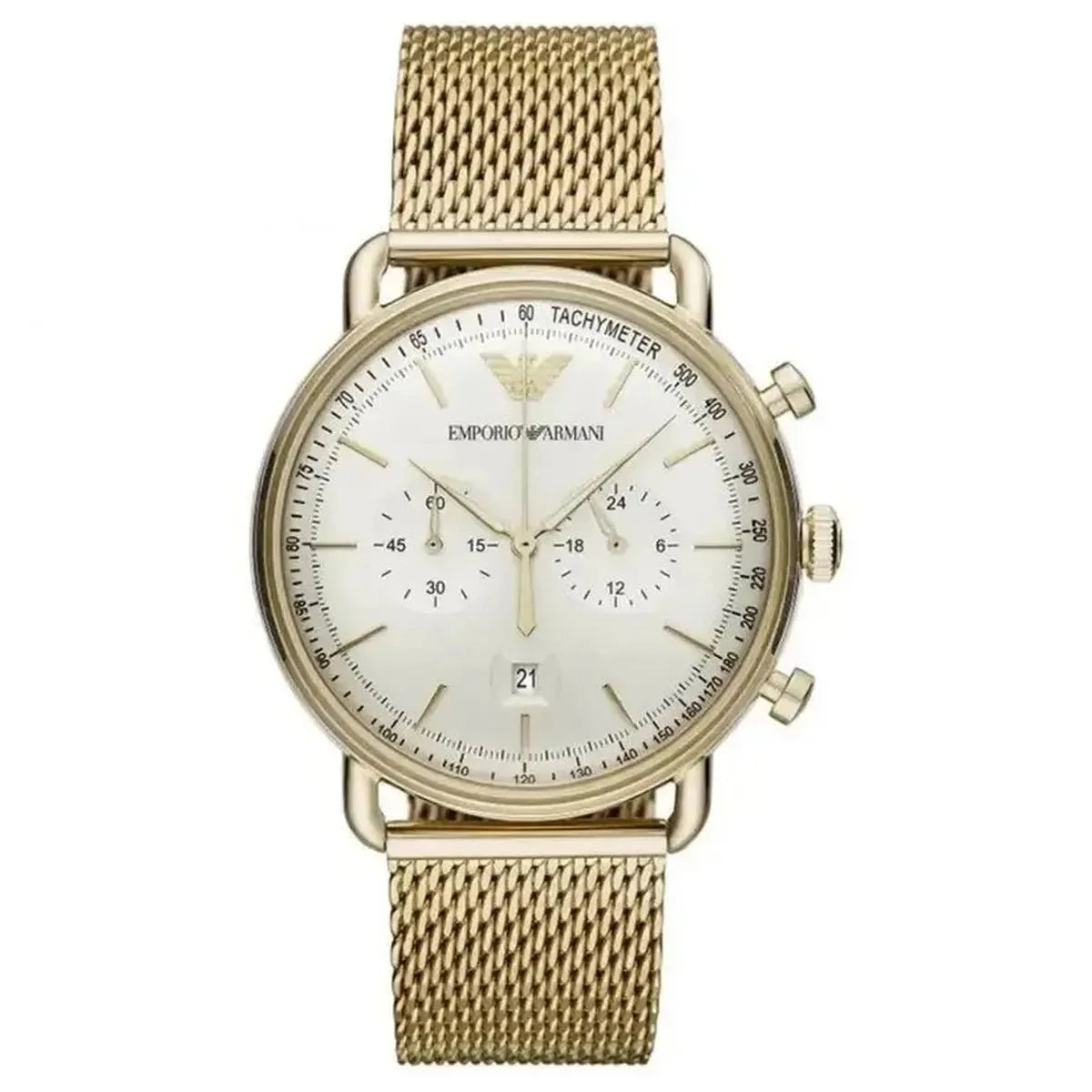 Emporio Armani Aviator AR11315 Men's Chronograph Watch – 43mm Cream Dial Gold Mesh Bracelet