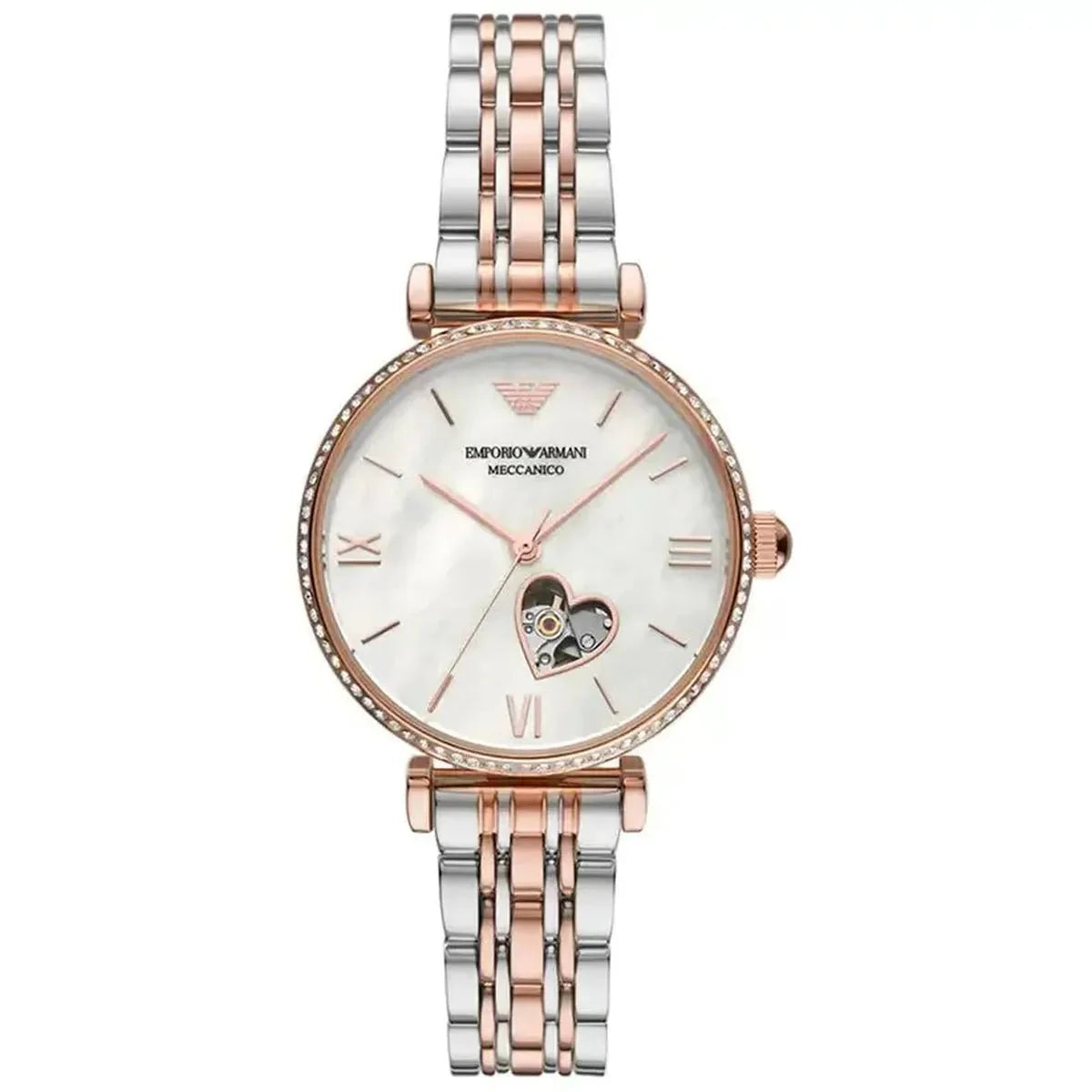 Emporio Armani Gianni T-Bar AR60049 Women's Automatic Watch – 34mm Mother of Pearl Open-Heart Dial Two-Tone Bracelet