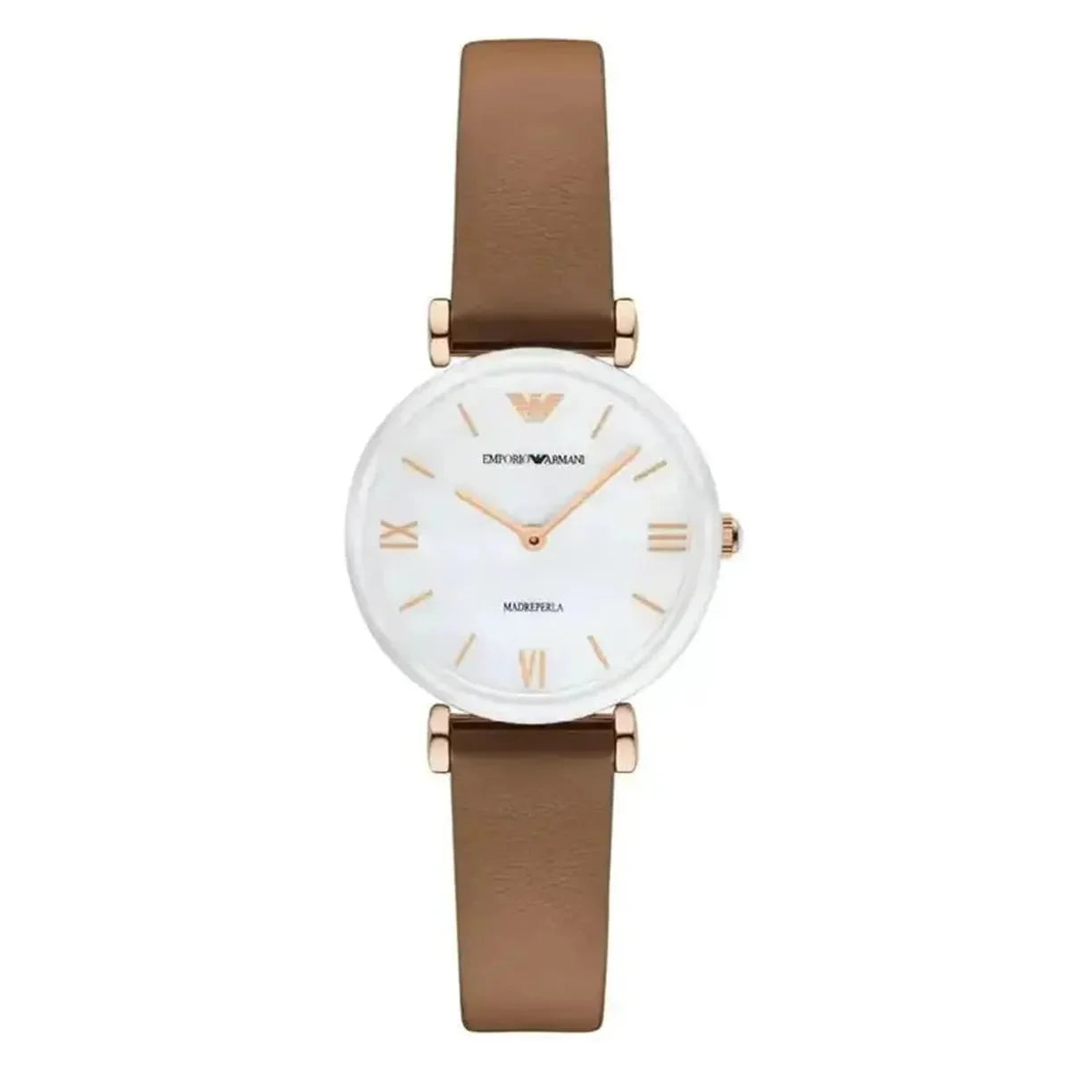 Emporio Armani Gianni T-Bar AR11040 Women's Watch – 32mm Mother of Pearl Dial Brown Leather Strap