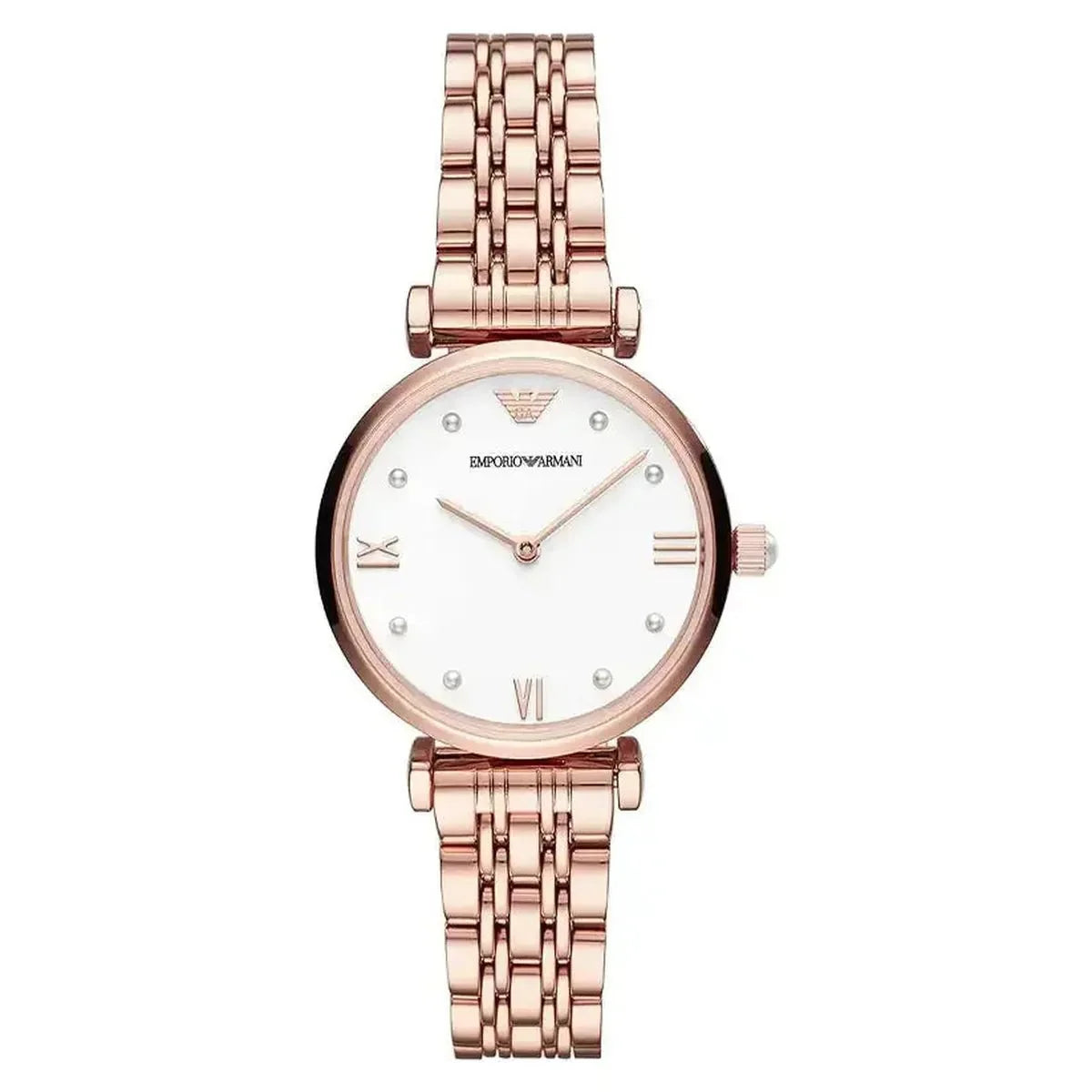 Emporio Armani Gianni T-Bar AR11267 Women's Watch – 32mm White Dial Rose Gold Steel Bracelet