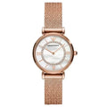 Emporio Armani Gianni T-Bar AR11320 Women's Watch – 32mm Mother of Pearl Dial Rose Gold Mesh Bracelet