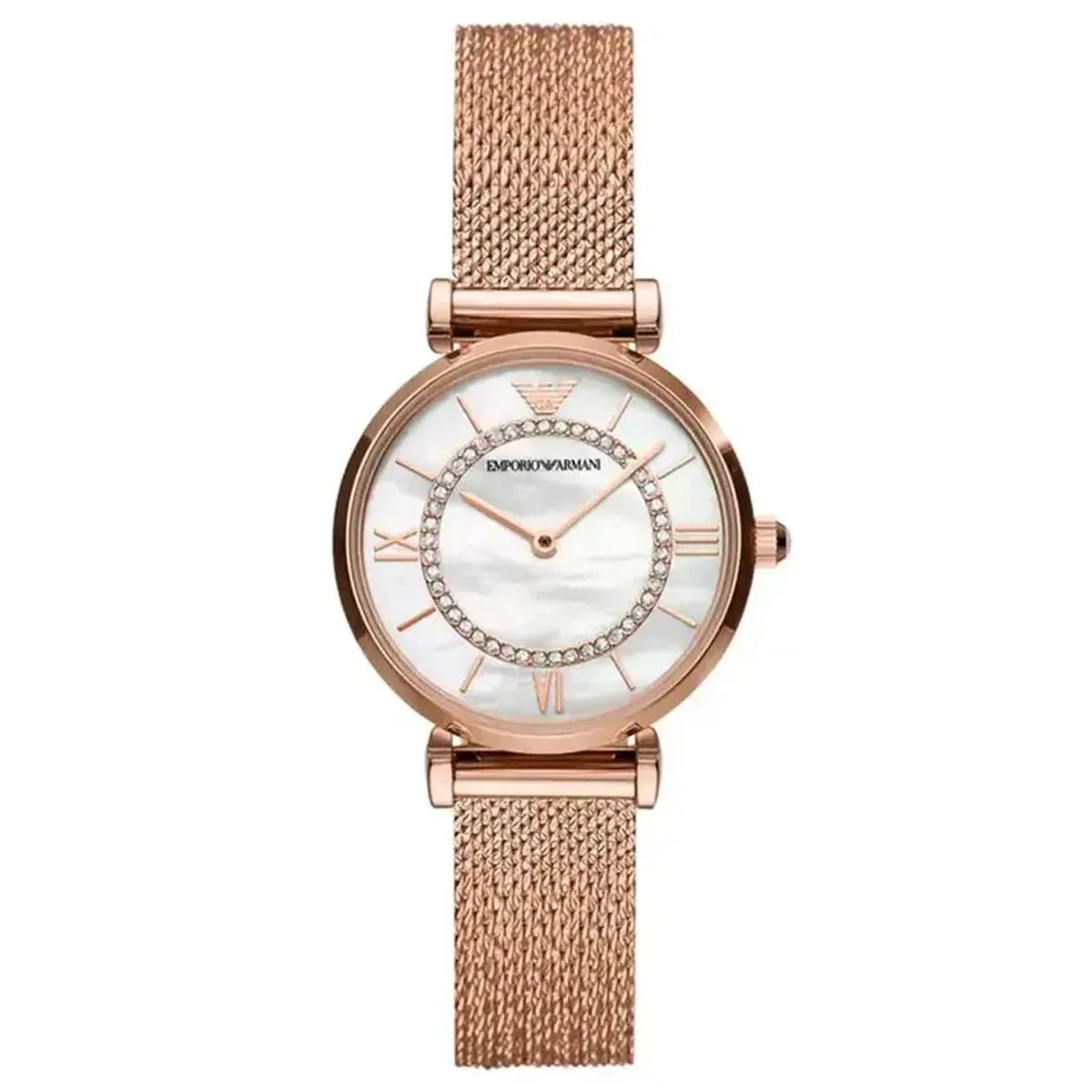 Emporio Armani Gianni T-Bar AR11320 Women's Watch – 32mm Mother of Pearl Dial Rose Gold Mesh Bracelet