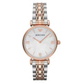 Emporio Armani Gianni T-Bar AR1683 Women's Watch – 32mm Mother of Pearl Dial Two-Tone Bracelet