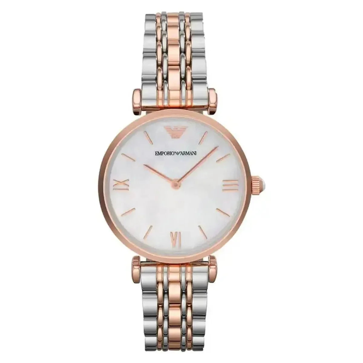 Emporio Armani Gianni T-Bar AR1683 Women's Watch – 32mm Mother of Pearl Dial Two-Tone Bracelet