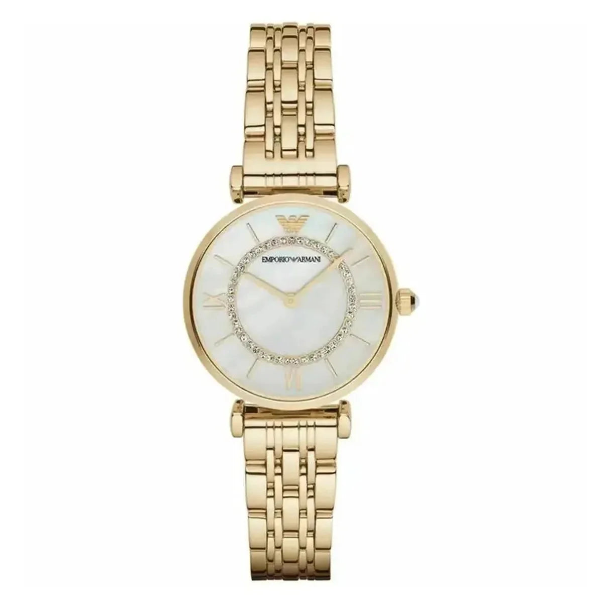 Emporio Armani Gianni T-Bar AR1907 Women's Mother of Pearl Dial Gold-Tone Watch – 32mm