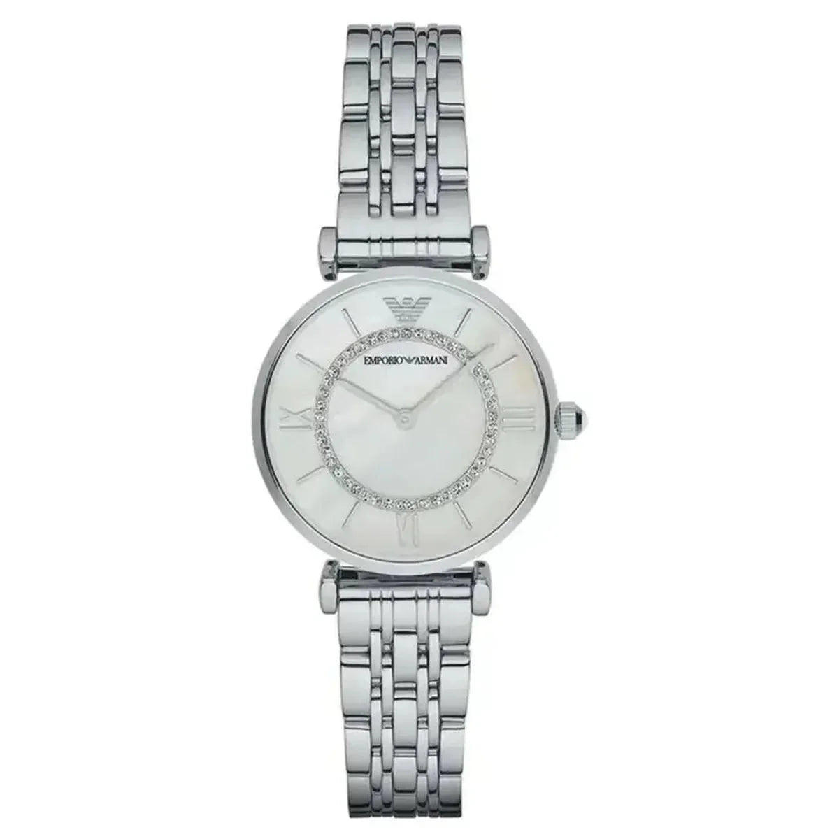 Emporio Armani Gianni T-Bar AR1908 Women's Dress Watch – 32mm Mother-of-Pearl Dial Silver Steel Bracelet