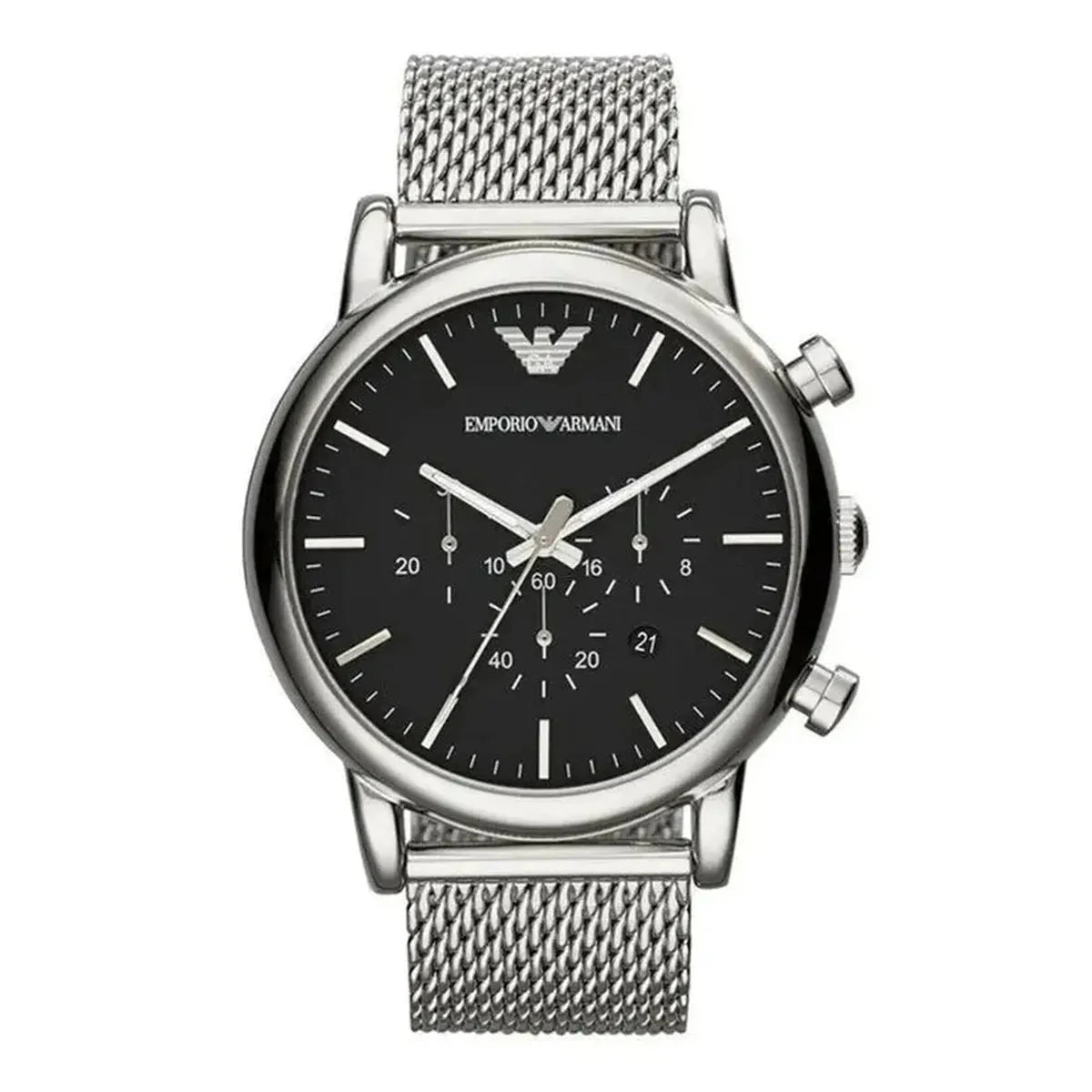 Emporio Armani Luigi Chronograph AR1808 Men's Watch - 46mm Black Dial Silver Mesh Bracelet