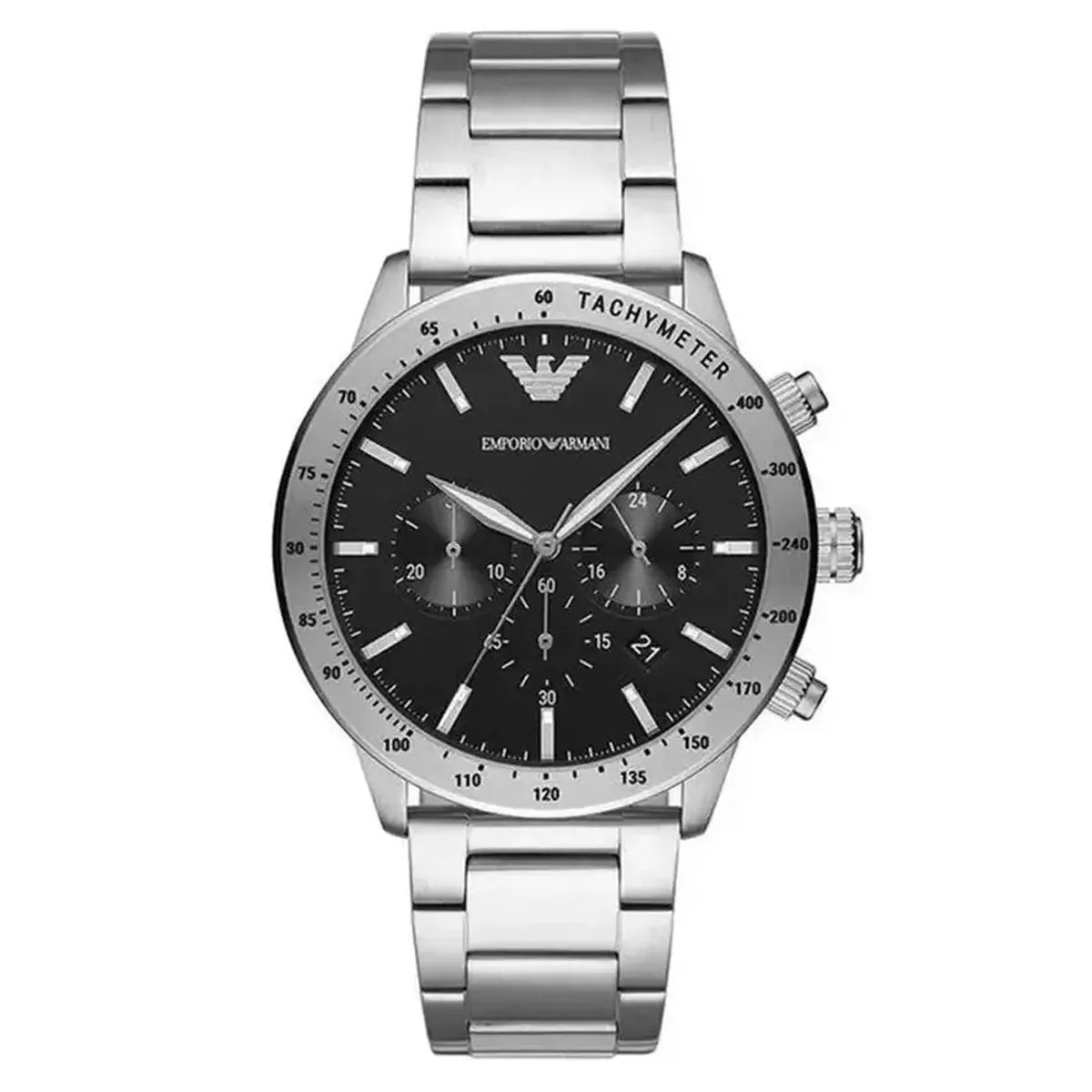 Emporio Armani Mario AR11241 Men's Chronograph Watch – 43mm Black Dial Silver Steel Bracelet