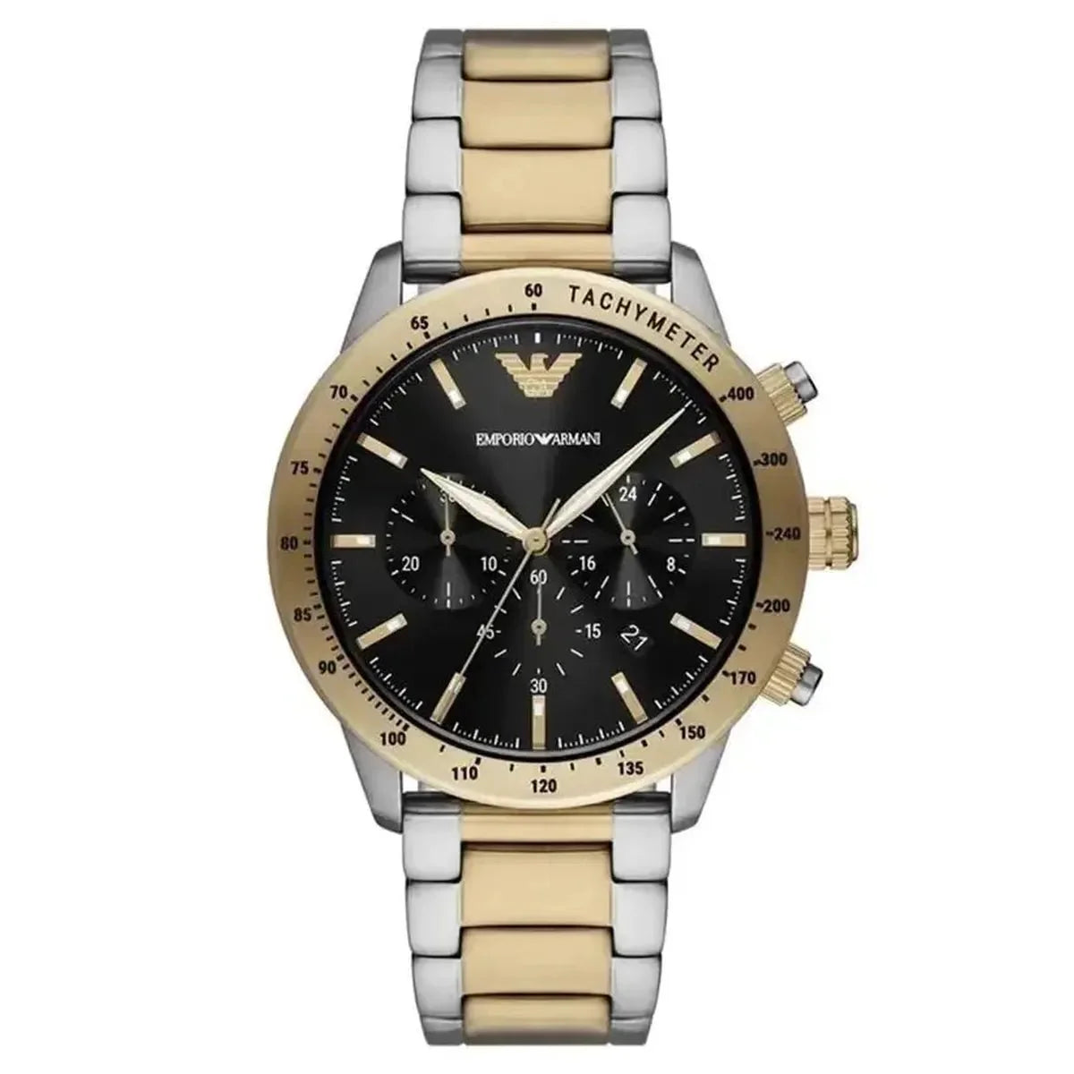 Emporio Armani Mario AR11521 Men's Chronograph Watch – 43mm Black Dial Two-Tone Bracelet