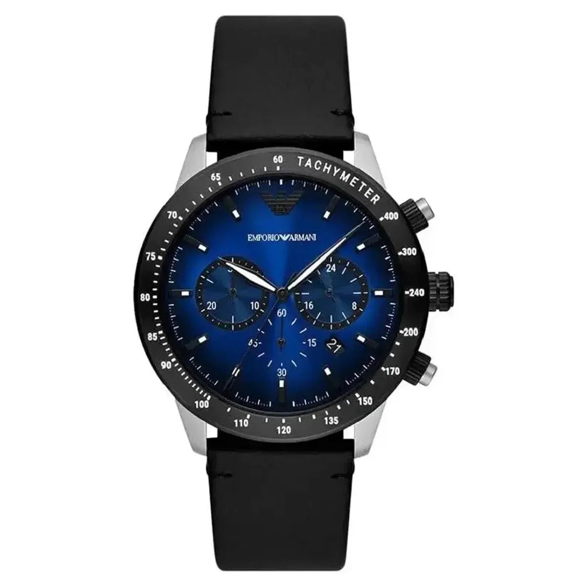 Emporio Armani AR11522 Mario Men's Chronograph Watch - 43mm Blue Dial Black Leather Strap