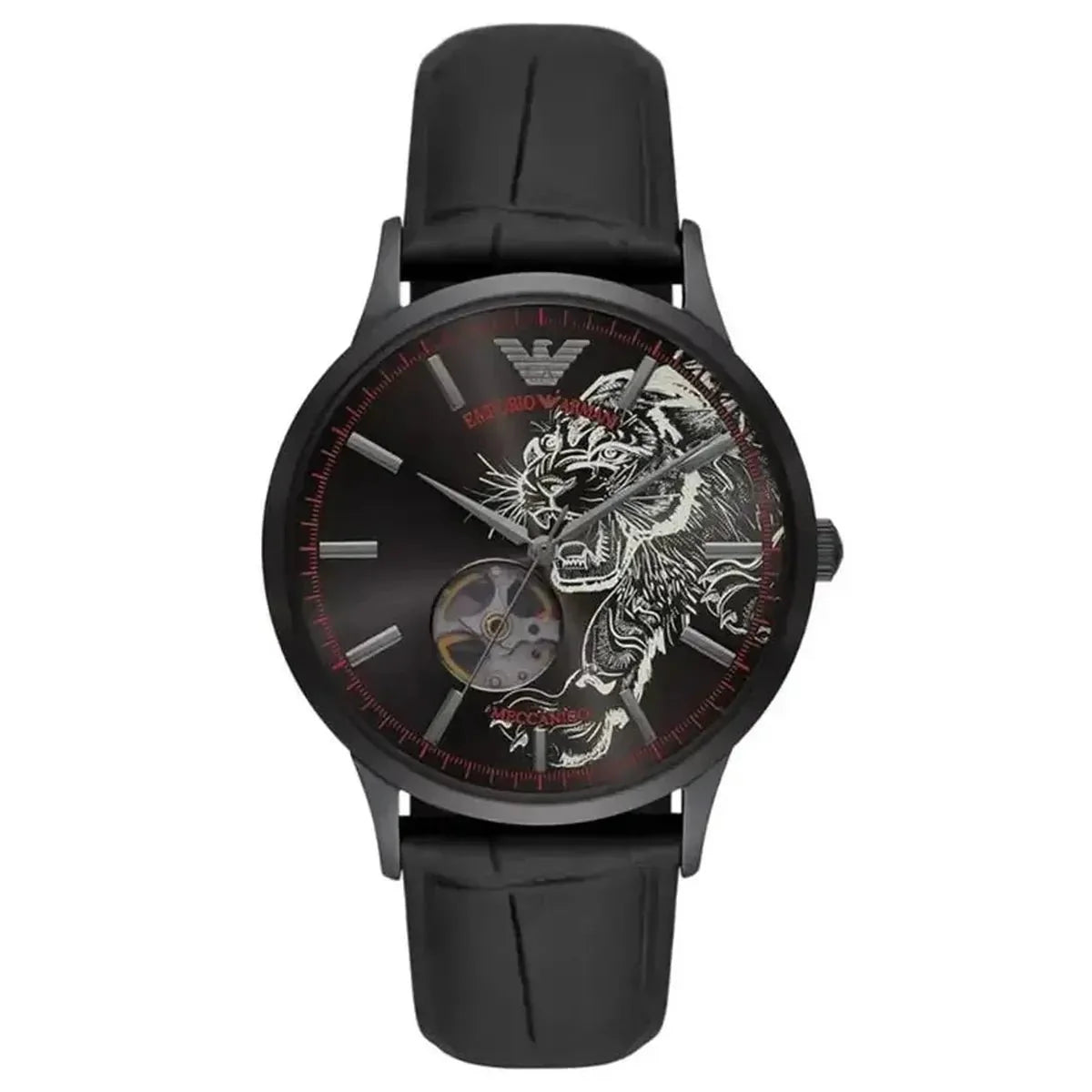 Emporio Armani Meccanico AR60046 Men's Automatic Watch – 43mm Black Skeleton Dial Leather Strap