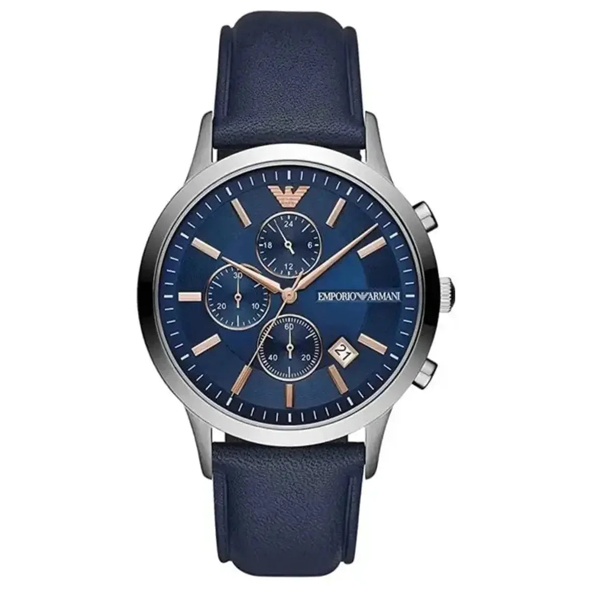 Emporio Armani Renato AR11216 Men's Chronograph Watch – 43mm Navy Dial Blue Leather Strap