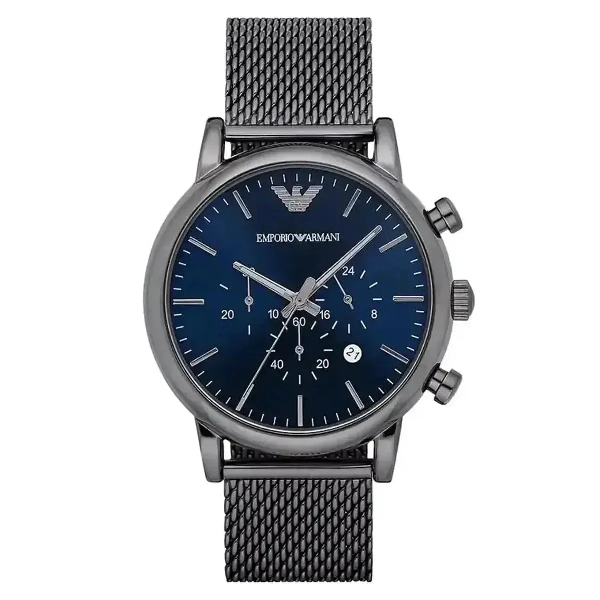 Emporio Armani Renato AR1979 Men's Chronograph Watch – 46mm Blue Dial Gunmetal Mesh