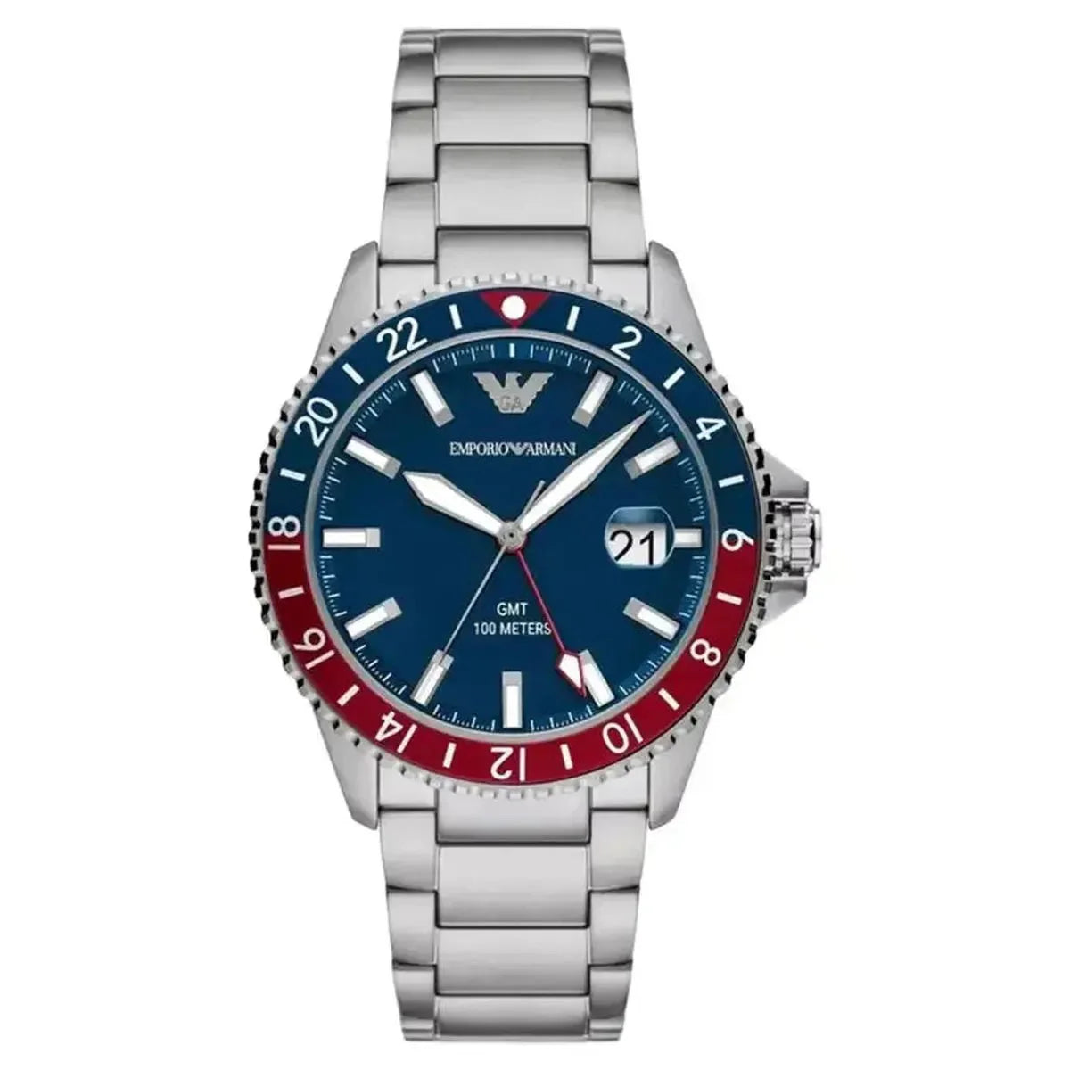 Emporio Armani Sea Explorer AR11590 Men's GMT Watch – 42mm Blue Dial Silver Steel Bracelet
