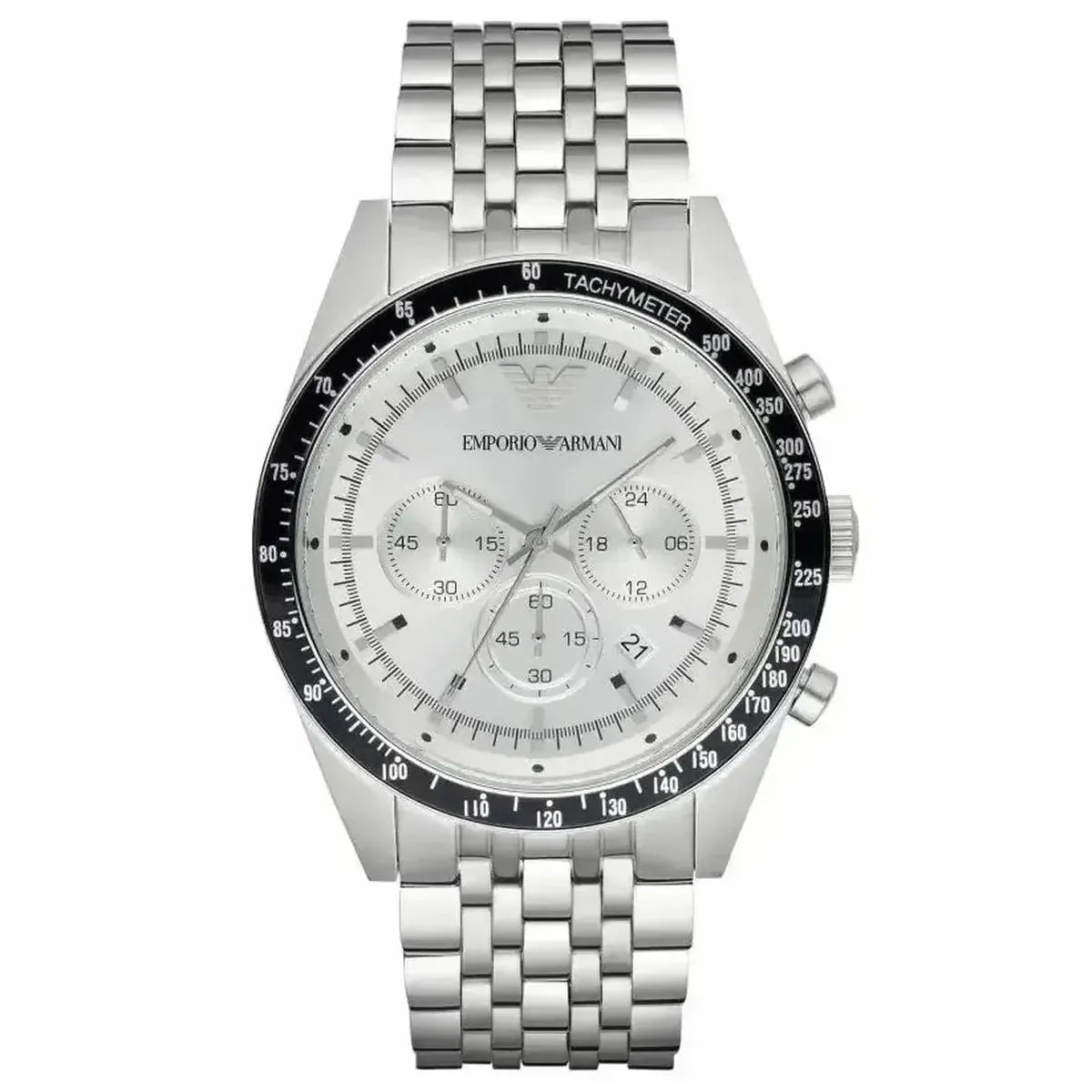 Emporio Armani Tazio AR6073 Men's Chronograph Watch – 46mm Silver Dial Steel Bracelet