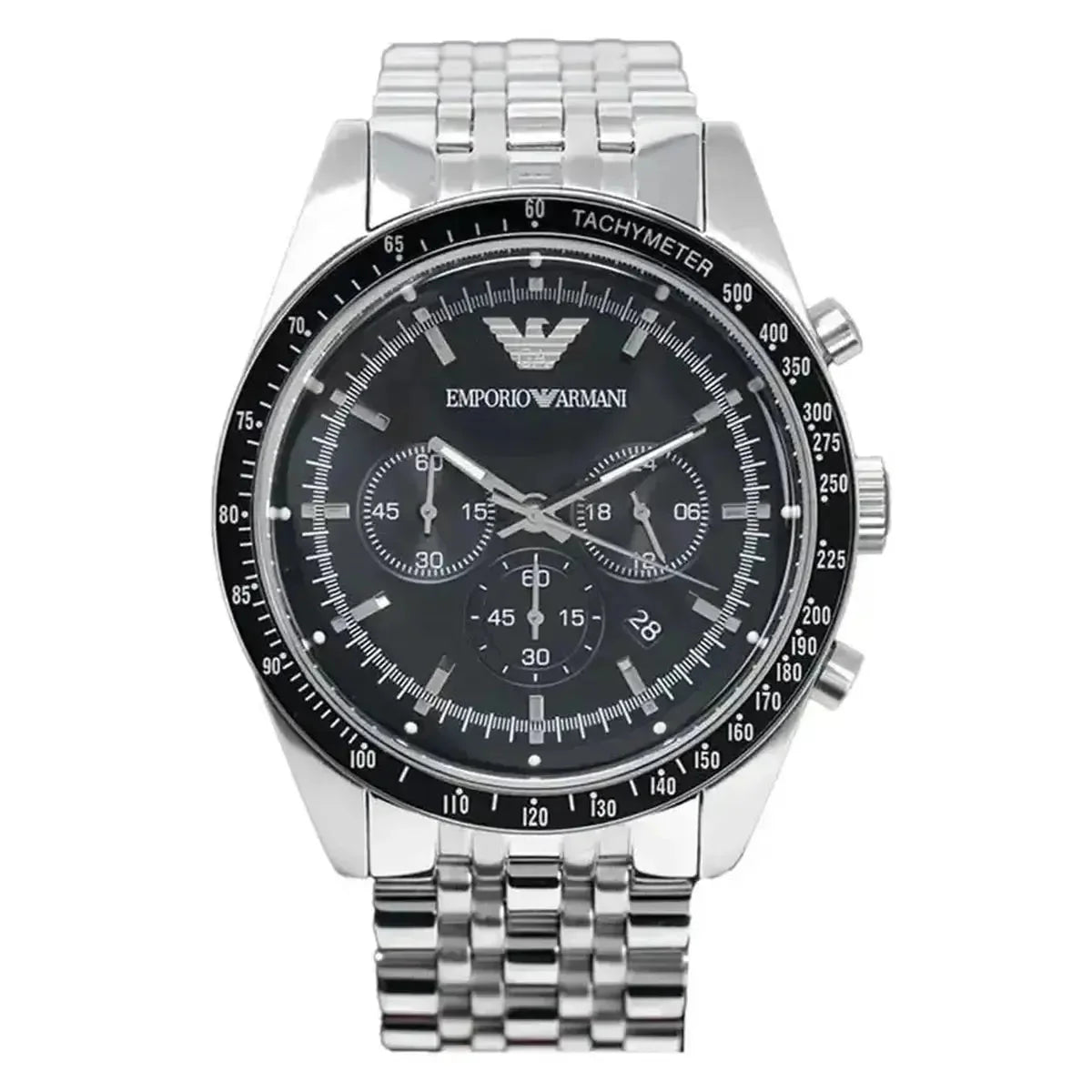 Emporio Armani Tazio AR5988 Men's Chronograph Watch – 46mm Black Dial Silver Steel Bracelet