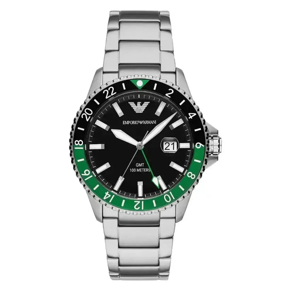 Emporio Armani World Explorer AR11589 GMT Watch – 42mm Black Dial Stainless Steel Bracelet
