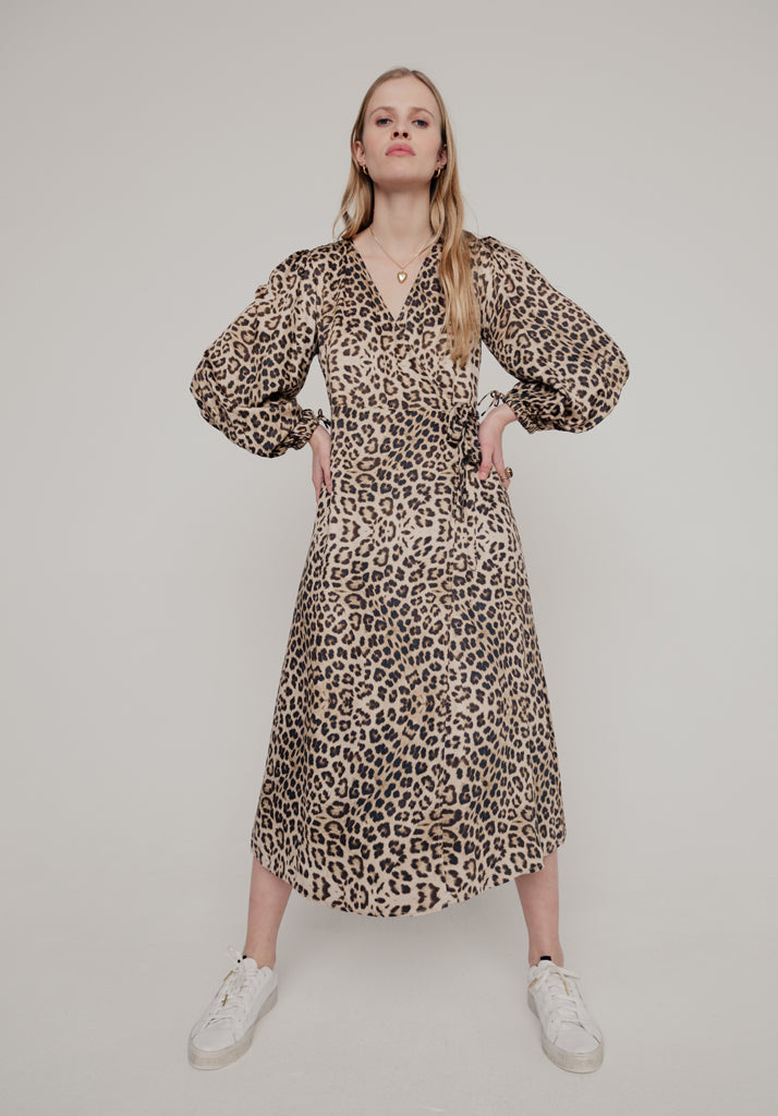 Fifi Wrap Safari Print Midi Dress In Brown - 12