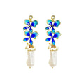 Flower Stud Baroque Gold Pearl Drop Earrings - Blue