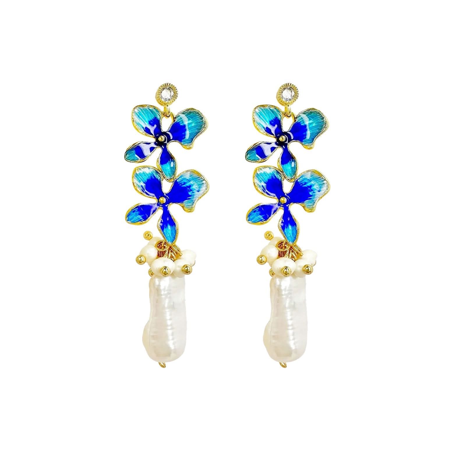 Flower Stud Baroque Gold Pearl Drop Earrings - Blue