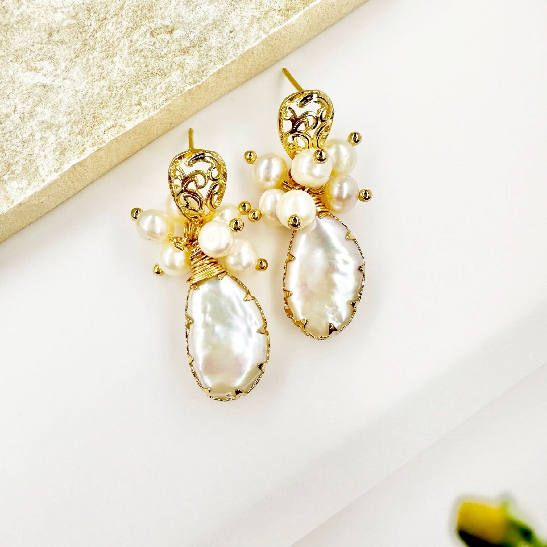Gold Engraved Pearl Drop Earrings - Gold