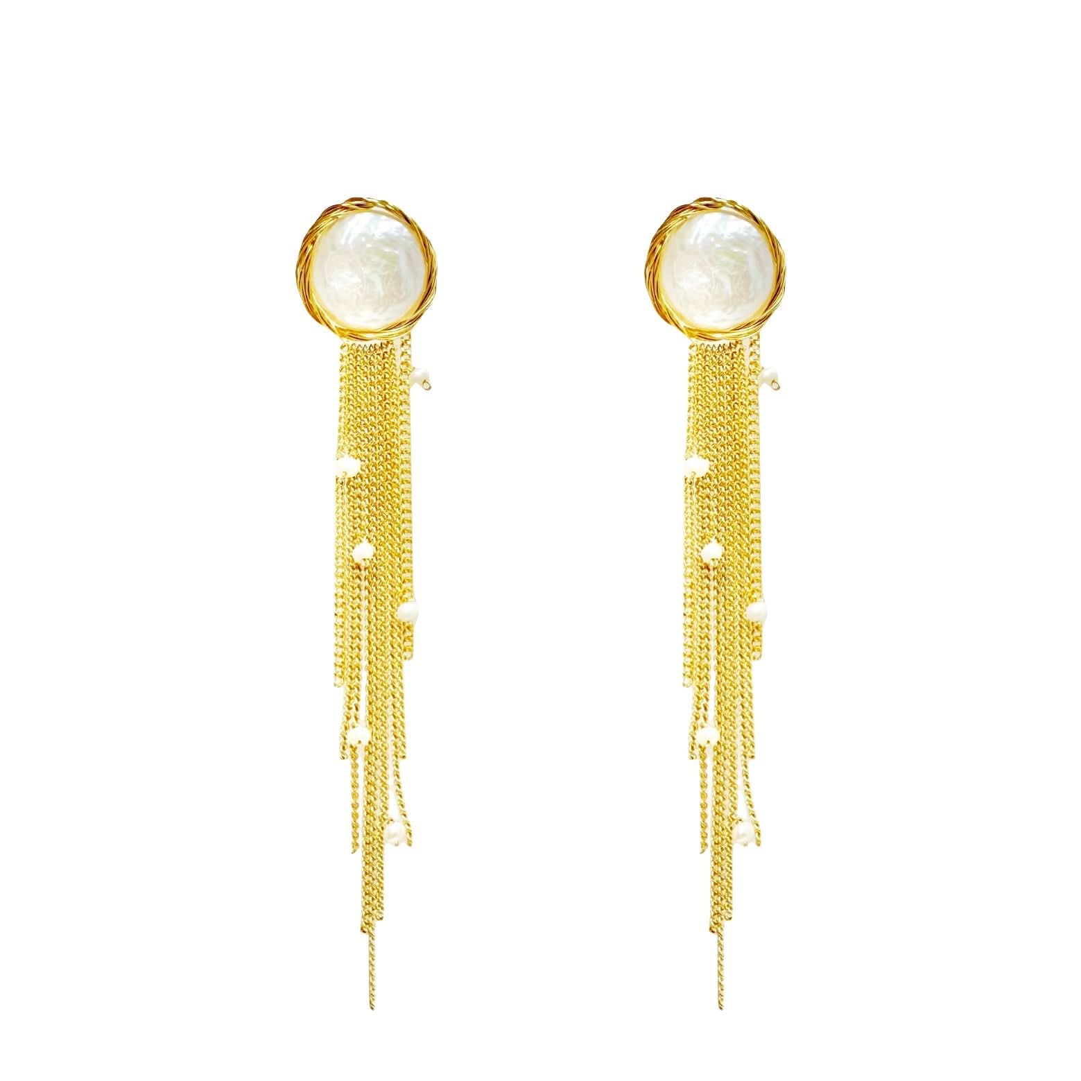 Gold Dangle Chain Baroque Pearl Earrings - Gold Vemail