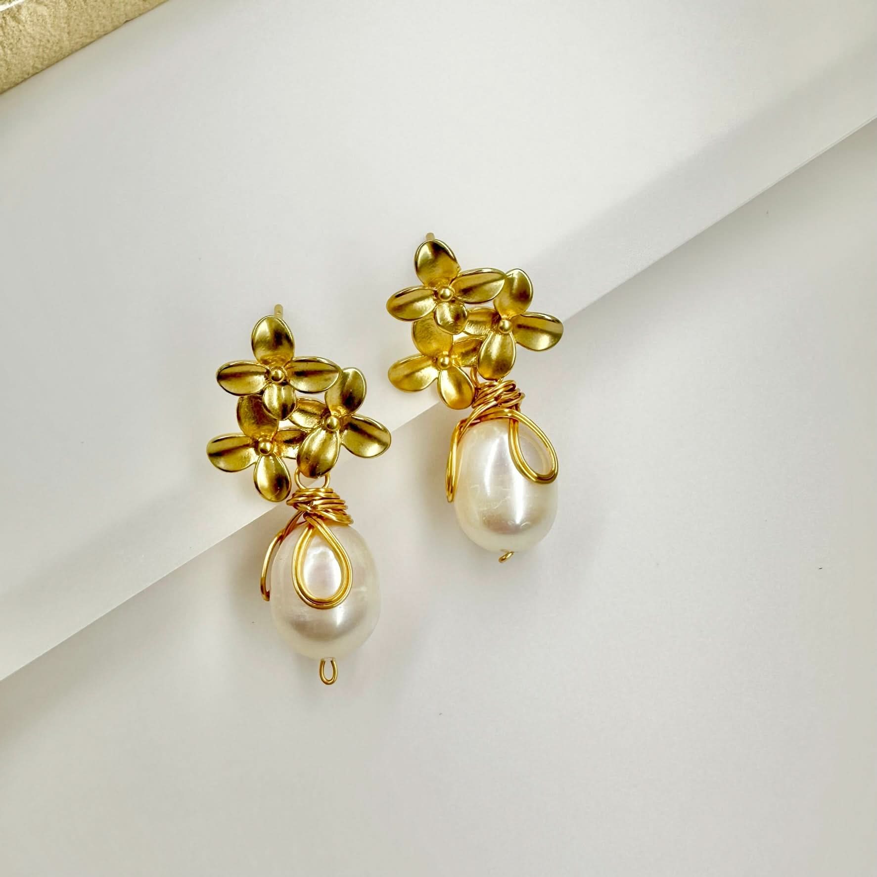 Gold Petal Pearl Drop Earrings - Gold