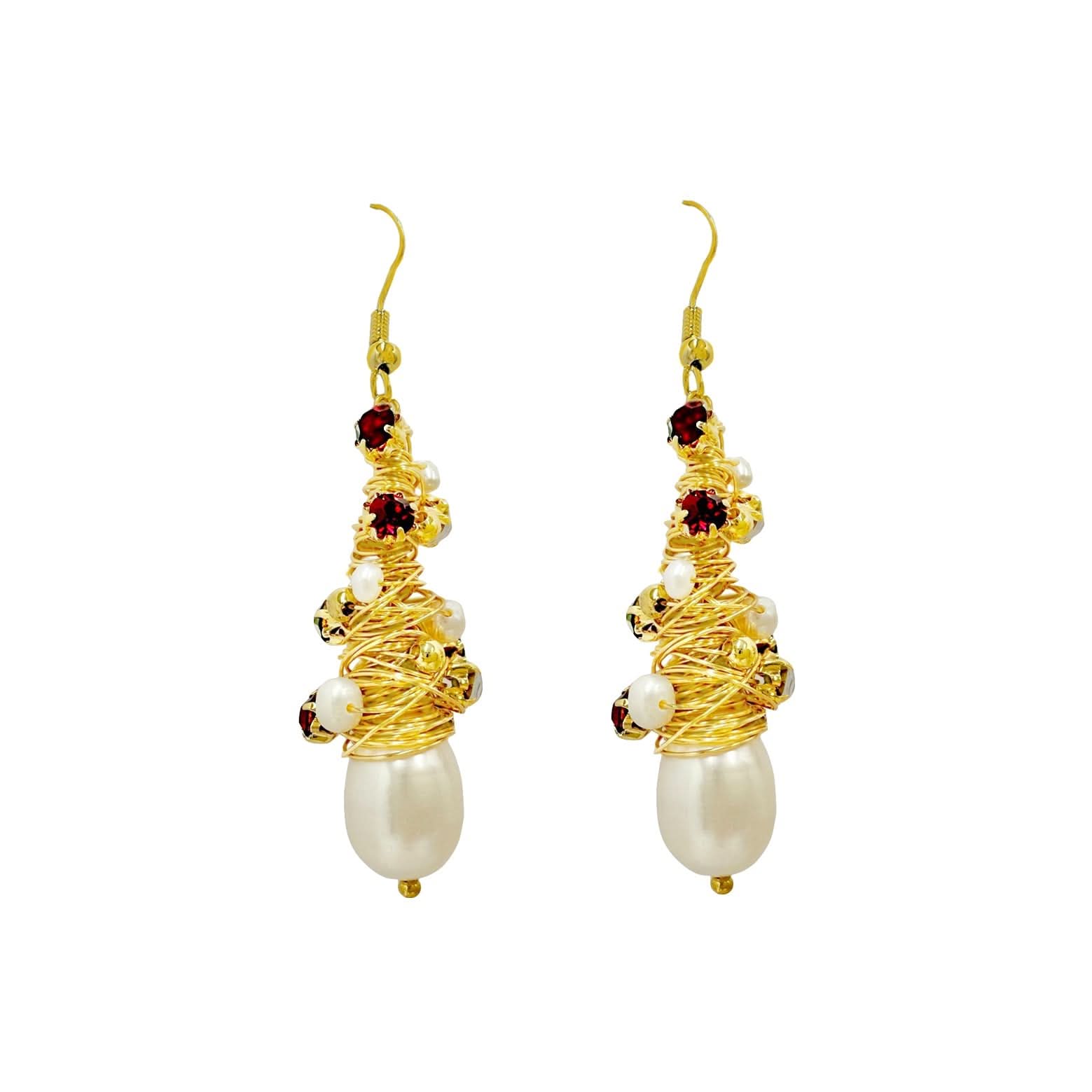 Handmade Gold Thread Wrapped Pearls Earrings - Gold