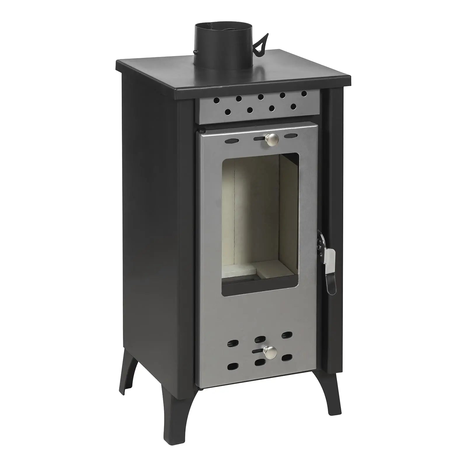Holzofen schmal mit 7,7 kW, bis zu 85m² Wohnfläche, 120mm Abgasrohr - silber
