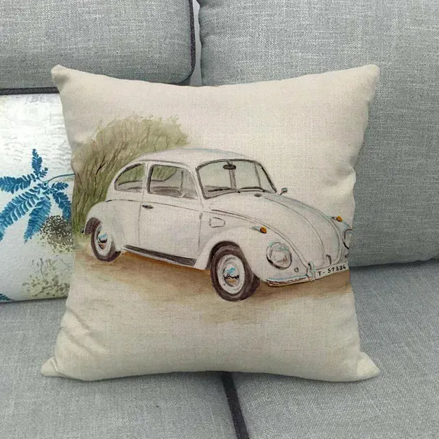 Housse de Coussin Décorative Motif VW Coccinelle Blanche Rétro - 4 / 40x40cm