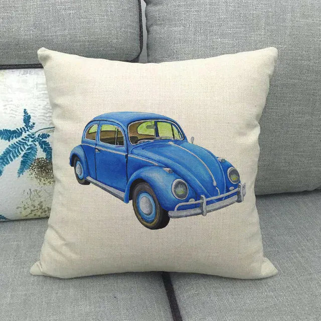 Housse de Coussin Décorative Motif VW Coccinelle Bleue Rétro - 1 / 40x40cm