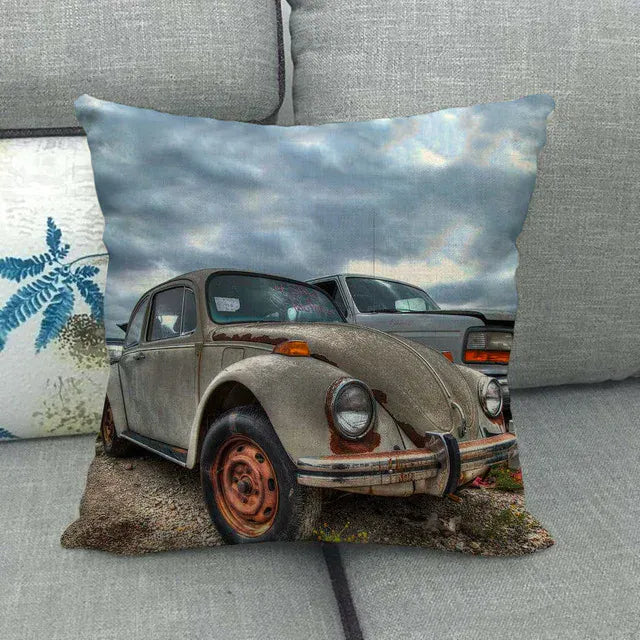 Housse de Coussin Décorative Motif VW Coccinelle Patinée Rusty Look - 18 / 40x40cm